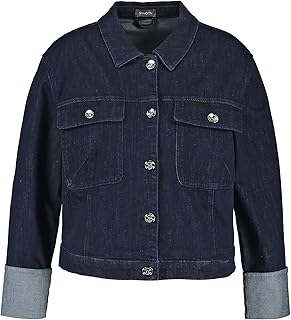 جاكيت جينز باكمام طويلة واساور اكمام وقصة مستقيمة مصنوع من جينز عضوي مستدام وقطن عضوي بحجم كبير قابل للتمدد من اجل الراحة للنساء من سامون، بلون ازرق جينز، 50, أزرق, 50