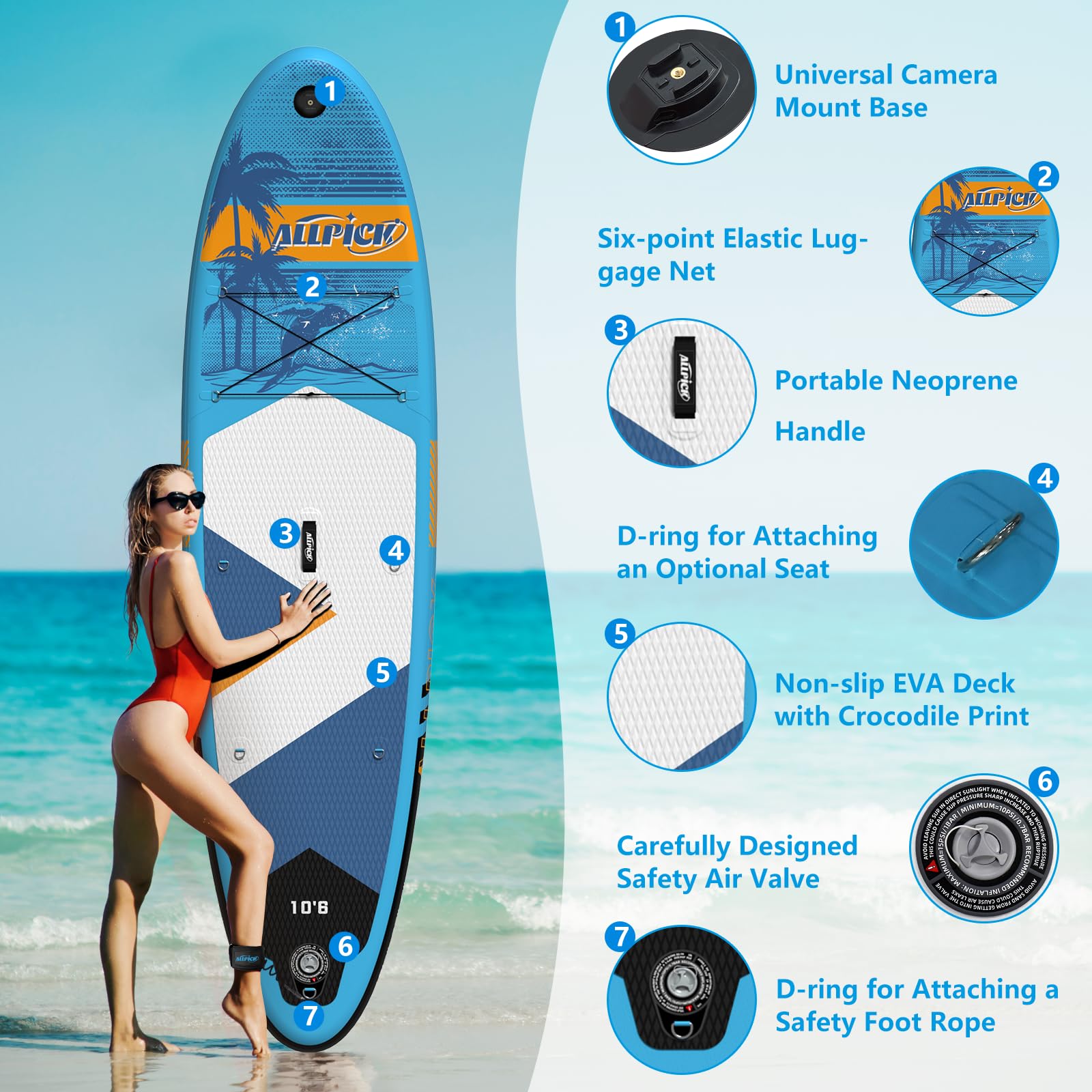 ALLPICK Sup Gonfiabile, Stand Up Paddle Board Gonfiabile, Con Supporto Universale per Fotocamera, Accessori Completi, Tavola da Sup Surf, Principianti e Avanzati, 150kg/180kg