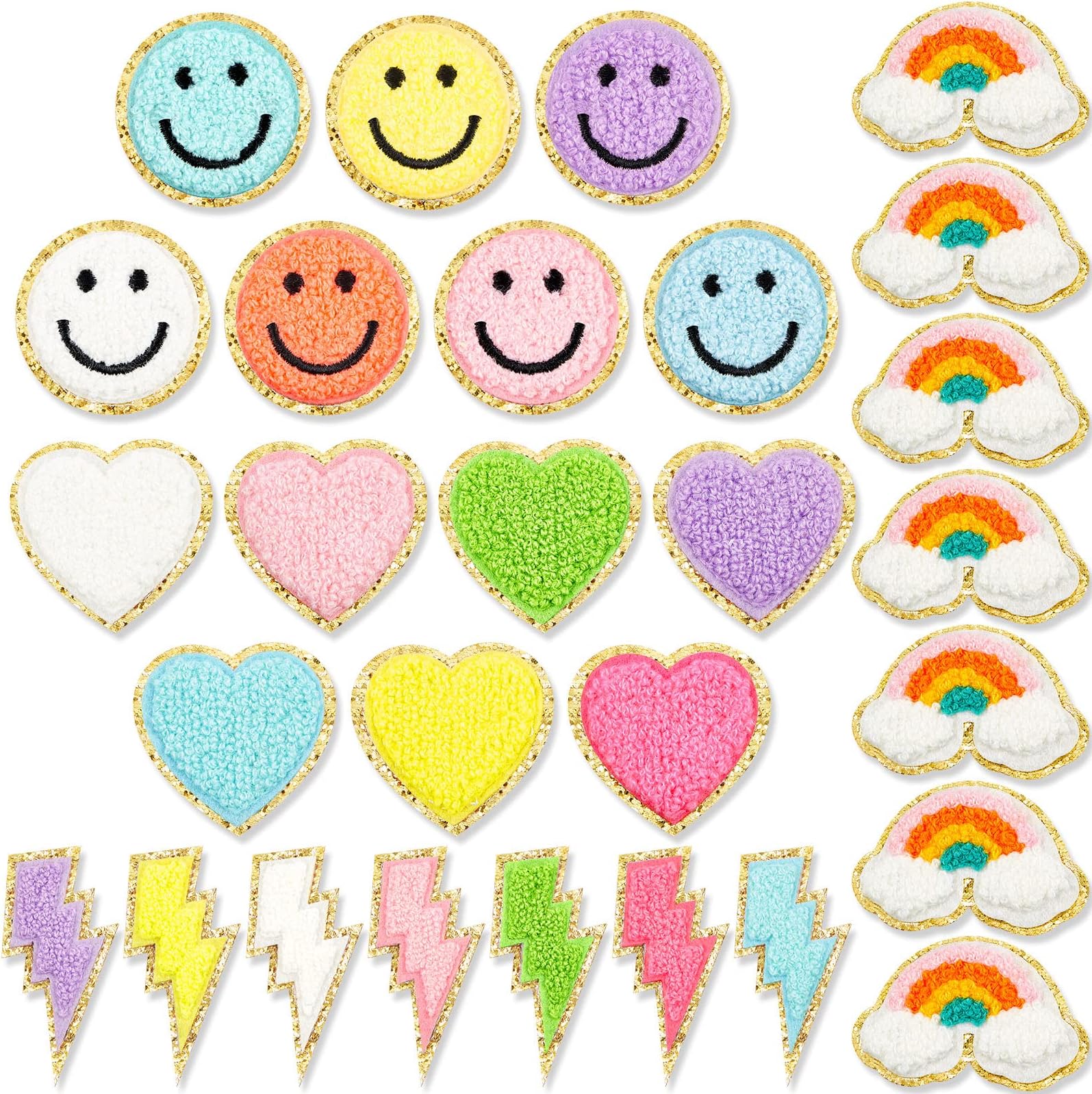 Jutom 28 Pcs Chenille Iron on Patches Colorful Chenille Rainbow Smile Face Heart Applique Embroidered Patches Sew on Embroidered Applique DIY Accessory for Clothing Fabric Jackets Jeans Repair Craft