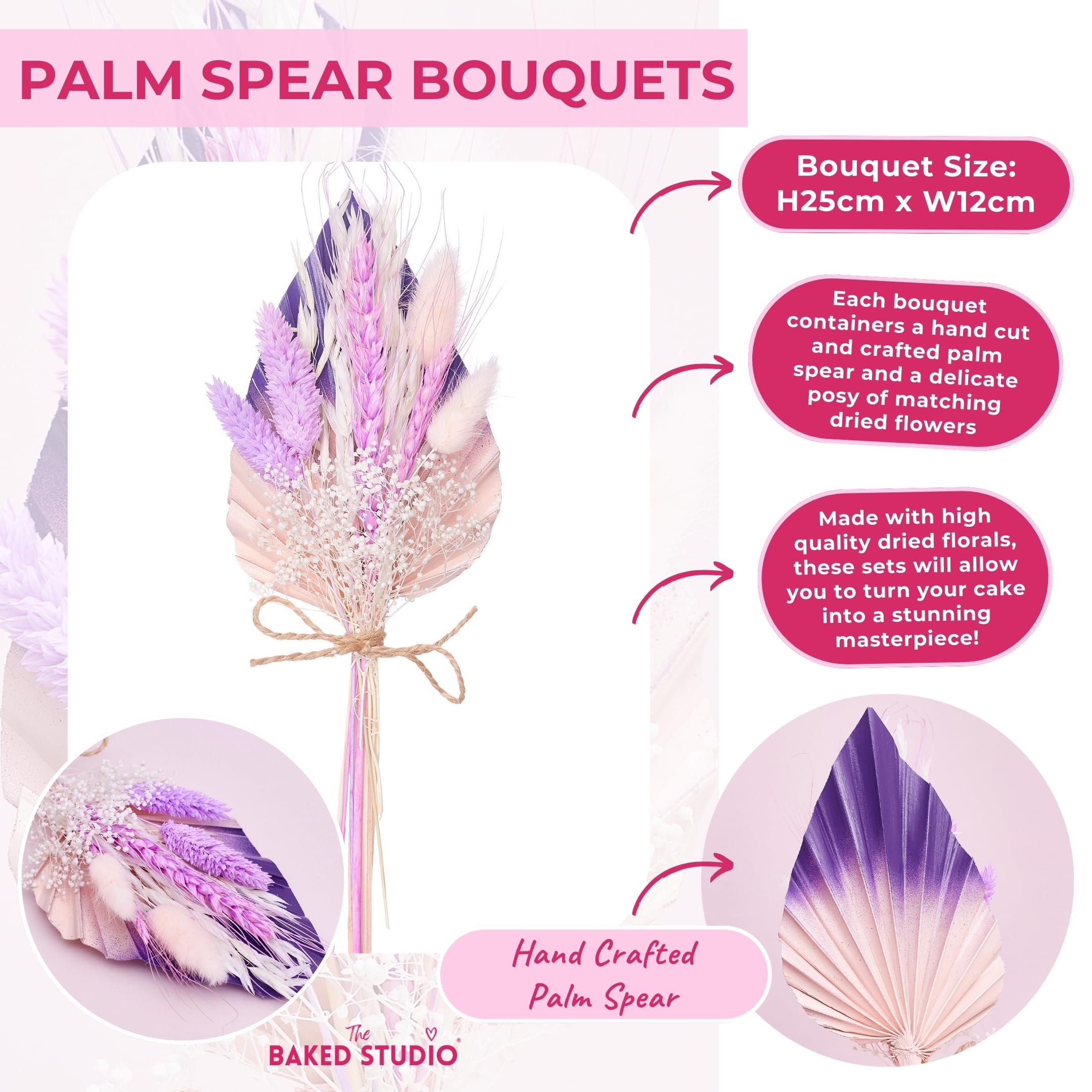 The Baked Studio - Dried Flowers For Cakes Decoration And Crafts With A Pink & Purple Ombre Palm Spear (Fairytale) - Image 4