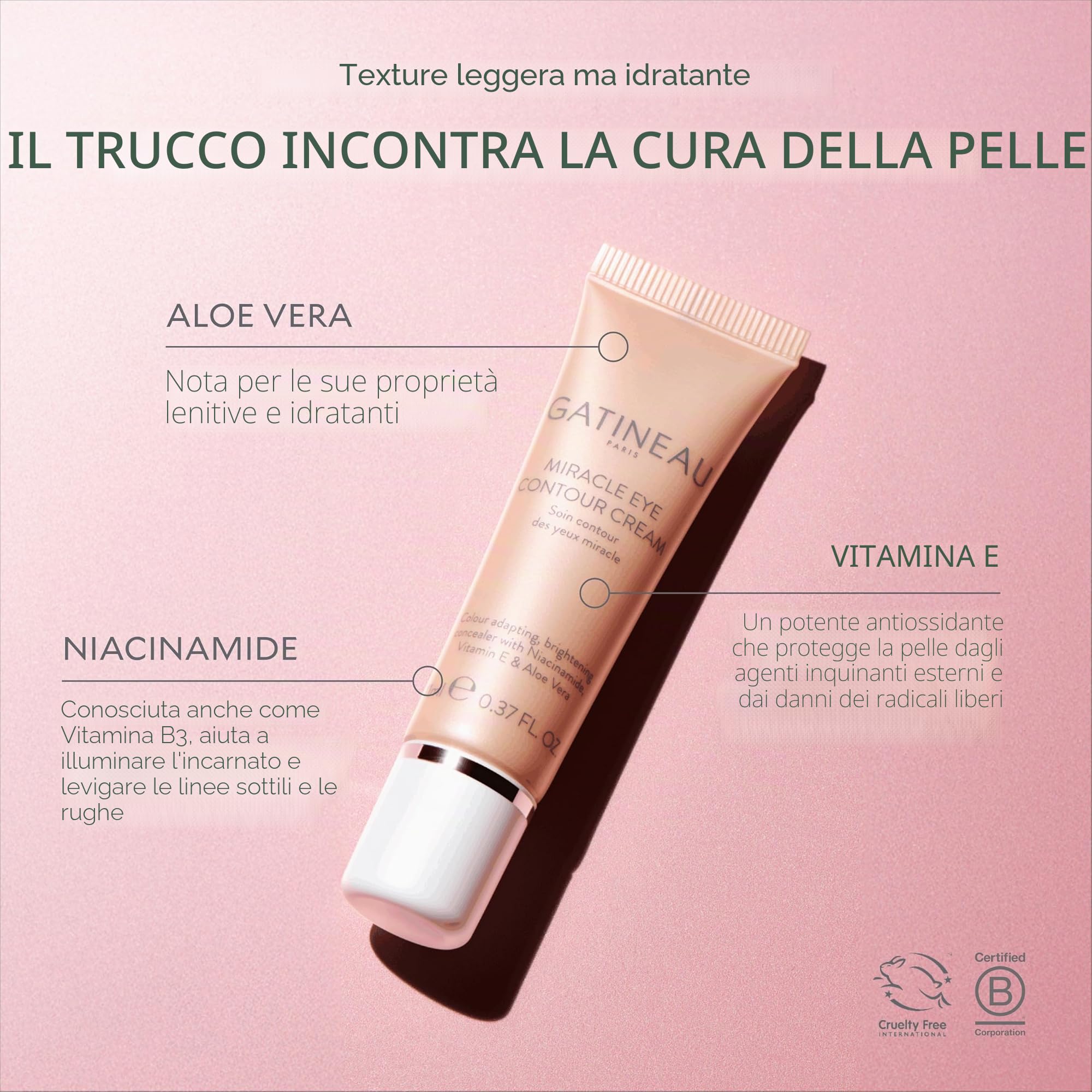 GATINEAU Miracle Eye Contour Cream - 30 ml, trucco + cura della pelle, correttore illuminante per occhi, leviga le linee sottili, nasconde occhiaie e imperfezioni, vitamina E, niacinamide e aloe vera