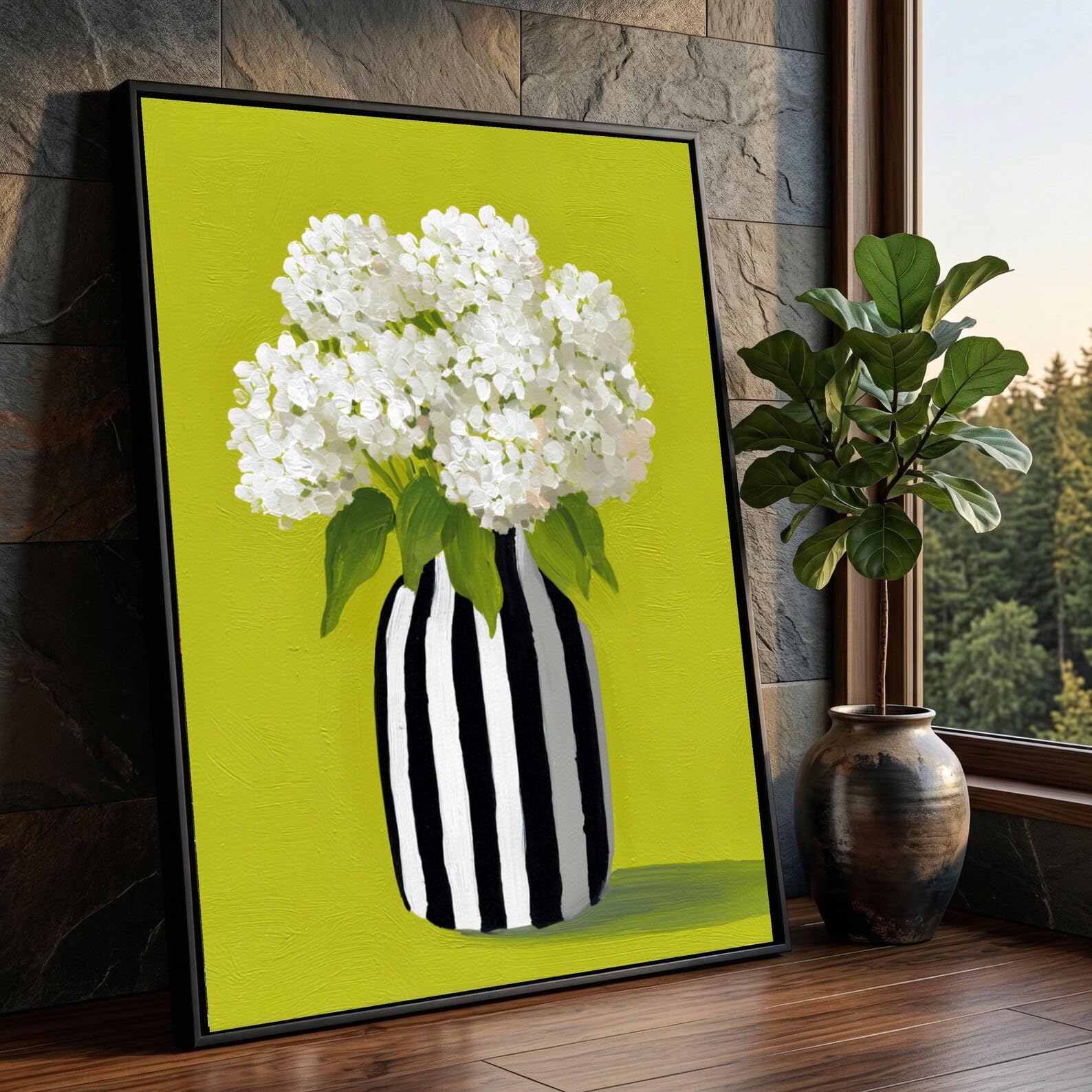 TONGYINLI White Hydrangea Bouquet Canvas, Striped Vase Wall Art, Modern Floral Posters Print, Green Background Home Decor Painting(70x100cm/Frameless)