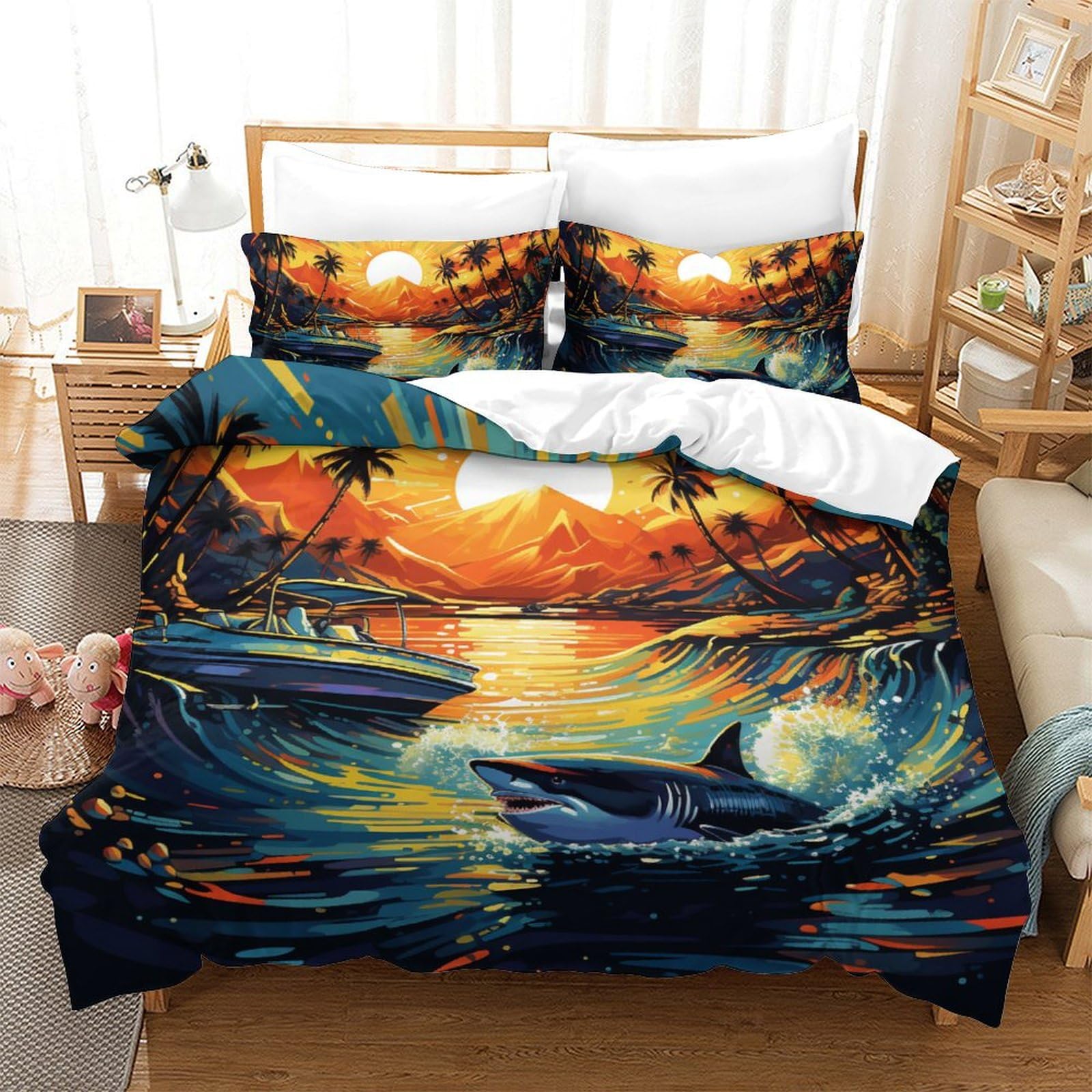 Parure de lit 3 pièces requin motif 3D housse de couette microfibre 200x200 pour adultes
