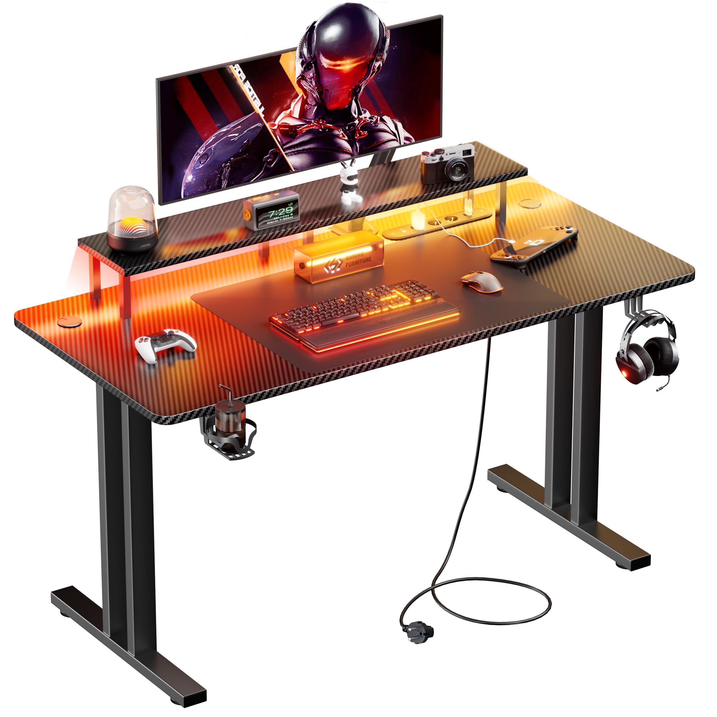 Bureau Gaming HLFURNIEU 140x60cm - Noir - Avec Porte-gobelet Et Support Casque - Neuf