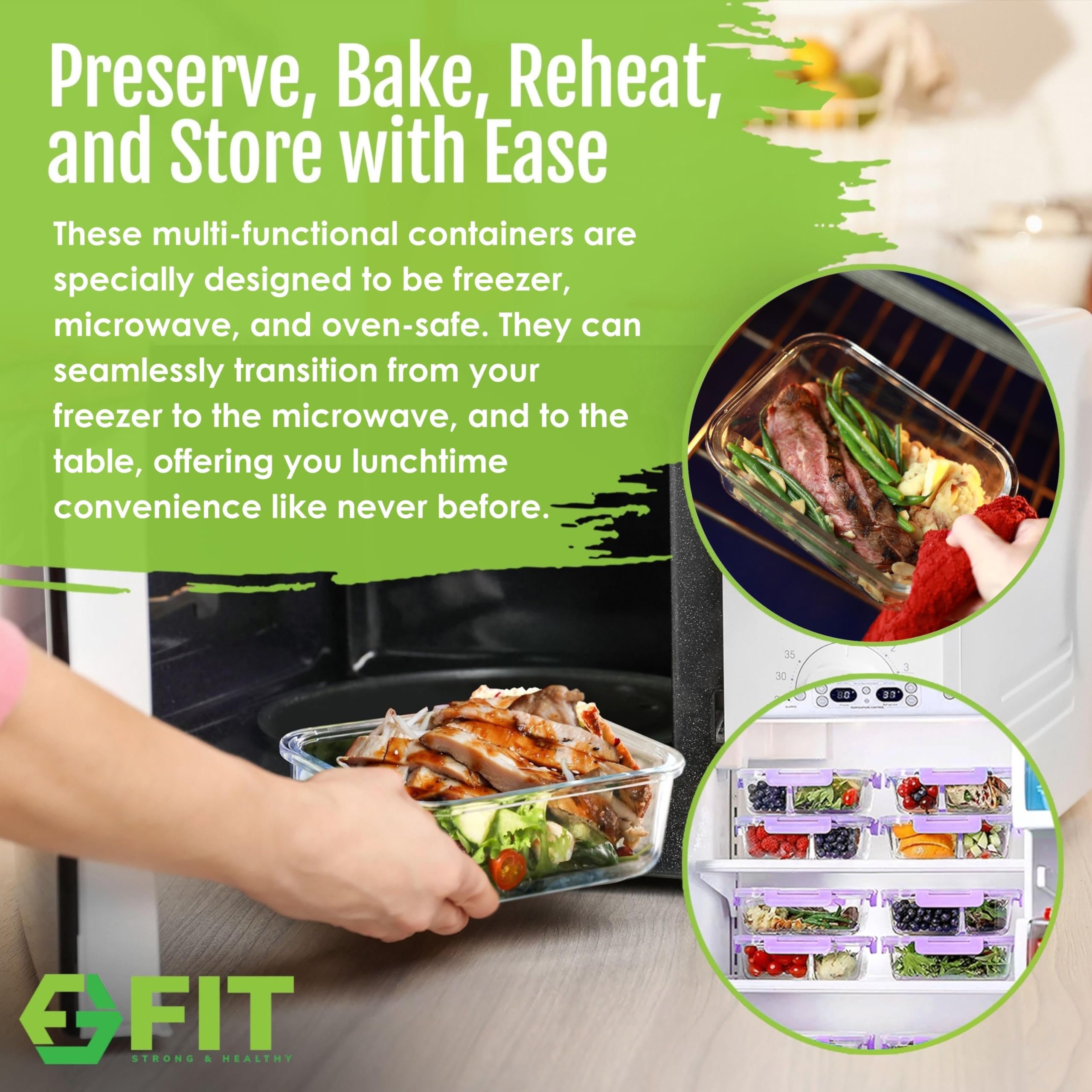 1 & 2 & 3 Compartment Glass Meal Prep Containers (3 Pack, 35 oz) - Glass Food Storage Containers with Lids, Glass Bento Box Containers, Portion Control, Airtight, Oven & Freezer safe, BLACK Lids