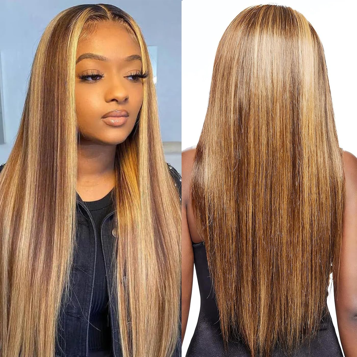 Highlight Human Hair Wig Chocolate Brown Highlighted Caramel Blonde Lace Front Wig Human Hair 13x4 Straight Human Hair Wig For Black Women 18inch Human Hair Wig Piano Color(26 Inch #P4/27)