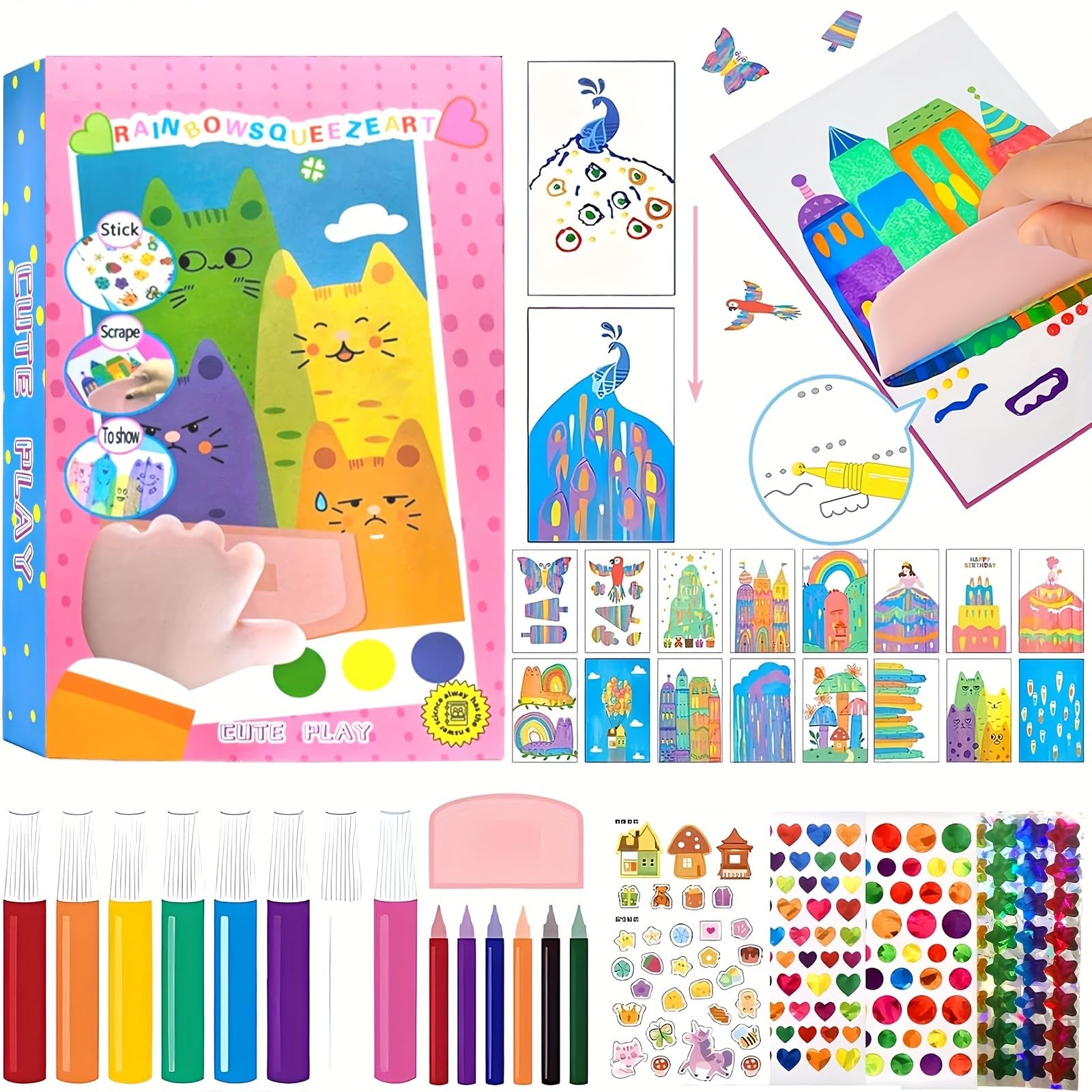 Amitasha Rainbow Scratch Paper Art Painting Kit for Kids Squeeze Dot Magic DIY Postcard Activity Set, Squeegee Creative Gifts for Girls and Boys-image-39