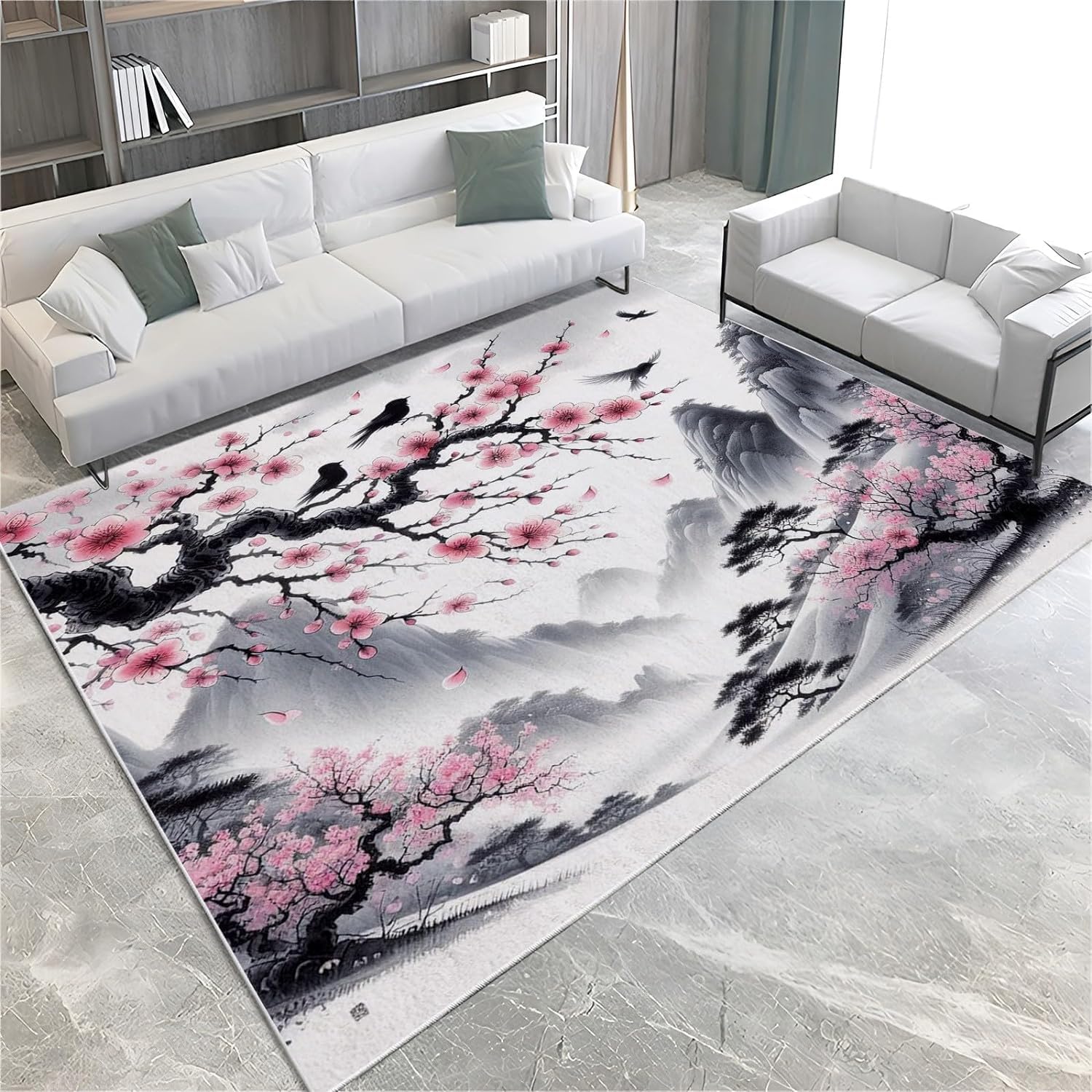 Tapis de salon japonais, 3D fleurs de cerisier - 140 x 200 cm - Lavable et antidérapant - Pour chambre d'enfant - Décoration de chambre à coucher - Tapis antidérapant - L990