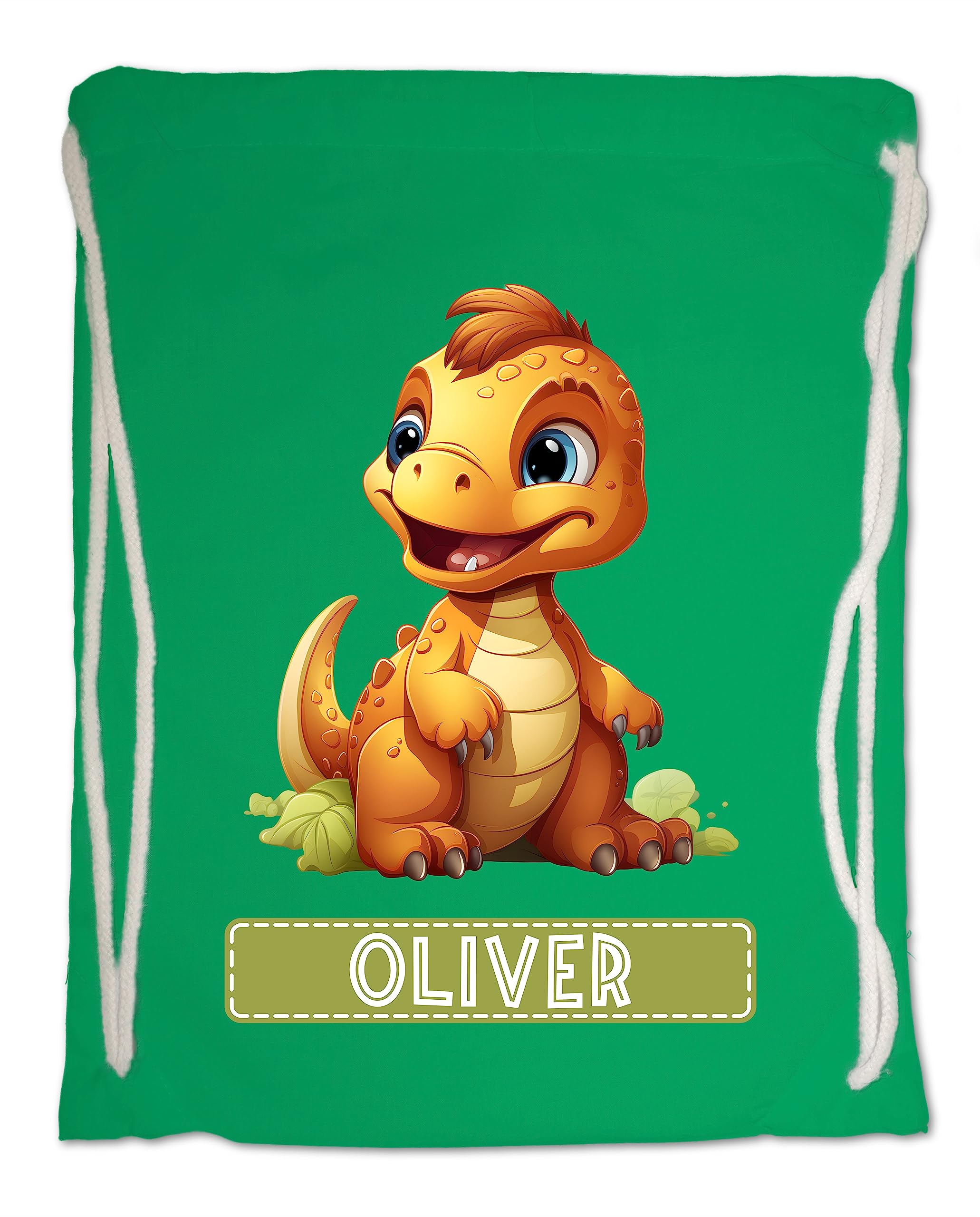 Kids Gym Bag. Personalised Any Name Cute Baby Dinosaur Swimming PE School Travel Drawstring Bag (Kelly Green)