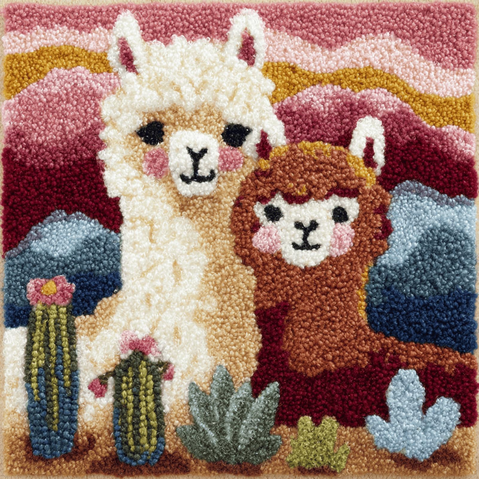 XDEGHUANGSS DIY Latch Hook Cushion Kit - Alpaca Mother and Child Pattern Pillow Cover for Beginners,Handmade Yarn Latch Hook Pillowcase Sofa Cushion Material Pack,Home Decor Gift Set,43x43 cm