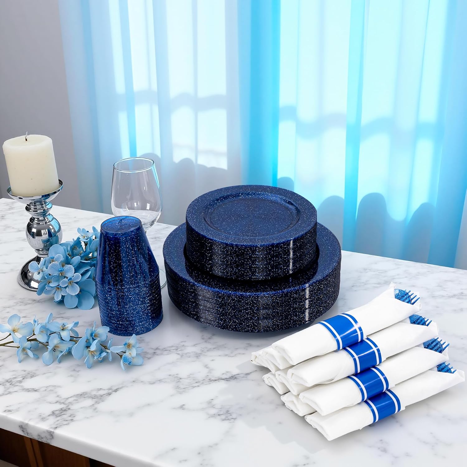 DaYammi 350 Pieces Cobalt Blue Glitter Dinnerware Set 50 Guest for Party- 50 Dinner Plates, 50 Dessert Plates -50 Per Rolled Napkins with Blue Cutlery - 50 Disposable Cups 9 OZ