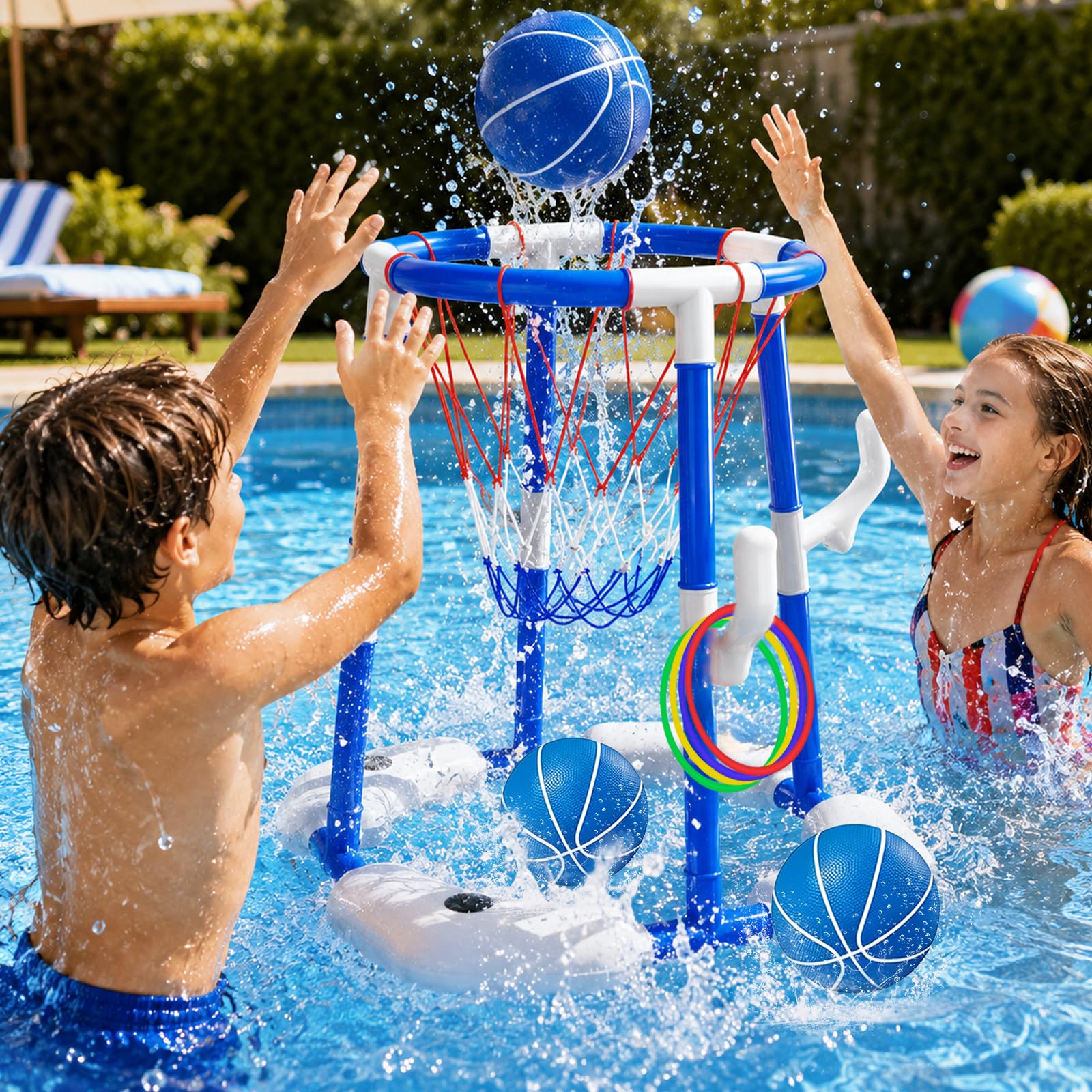 Pool-Basketballkorb für Kinder, 3-In-1 Pool Spielzeug Wasserspielzeug | Schwimmendes Oberirdisches Wasserspiel Schwimmenden Basketballkorb 4 Bälle 12 Ringe Handpumpe für Schwimmbad Strand