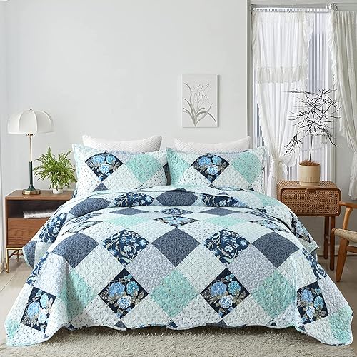 Dinjoy Juego de edredón de retazos a cuadros florales, tamaño King, reversible, azul y verde, juego de ropa de cama de microfibra suave y ligera,