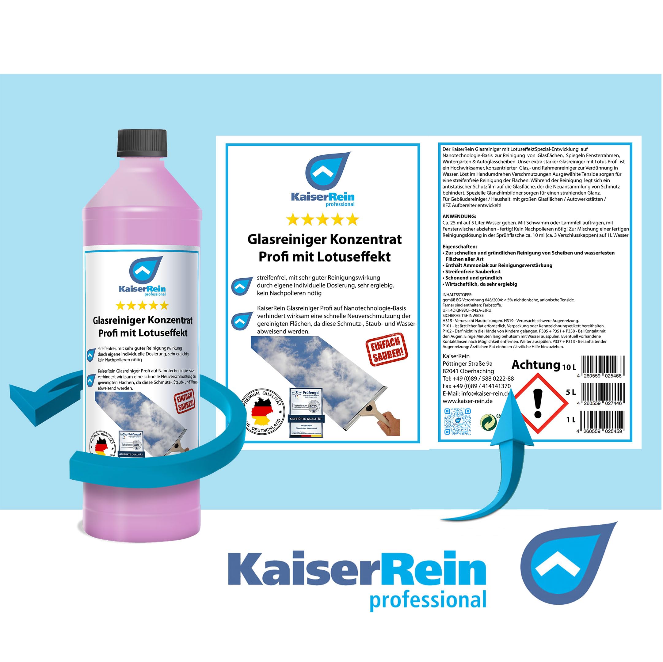 KaiserRein Glasreiniger Konzentrat mit Lotuseffekt 10L - Professioneller Fensterreiniger für streifenfreien Glanz auf Glas, Fenstern und Spiegeln - Fenstersauger geeignet