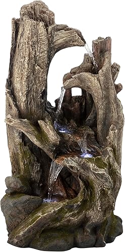 Miniatura 8 de Alpine Corporation Fuente de cascada de tronco de árbol de bosque lluvioso de 40 pulgadas de alto con luces LED, decoración de jardín al aire libre,