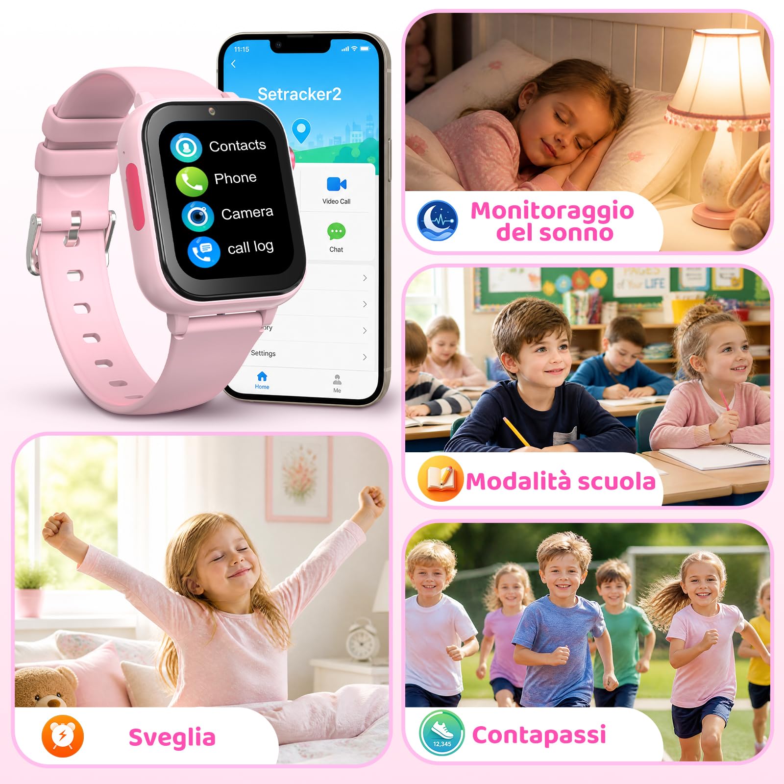 CHAKEYAKE Reloj Inteligente Niño, 4G Llamadas de Voz y Vídeo, GPS, SOS, IP67, Modo Clase, Rastreador de Sueño y Podómetro, Pantalla Táctil de 1.83 Pulgadas, Regalo Ideal para Niños y Niñas 4-12, Rosa