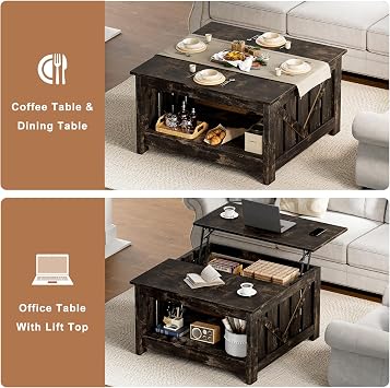 FABATO Lift Top Coffee Table, 31.5 Farmhouse Coffee Tables with Storage, Small Square Cocktail Tables, Wood Central Table for Living Room, Meeting Room, Black Oak