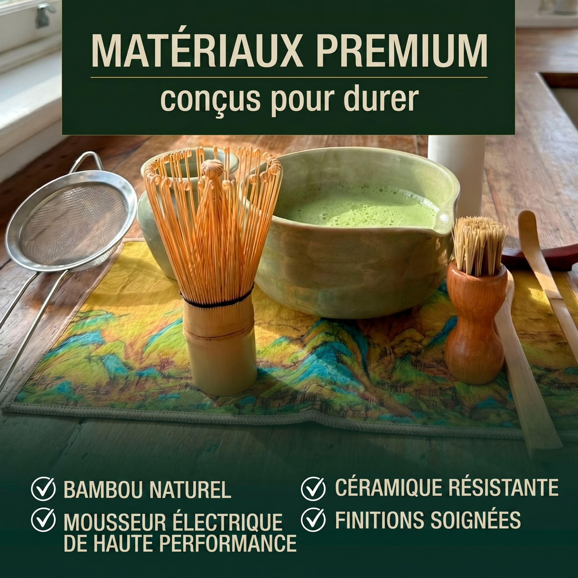 Kit de thé matcha avec fouet électrique mousse et ensemble complet d'accessoires traditionnels, bol en céramique, tamis bambou préparation rituelle authentique initiation Set de 11 pièces cadeau