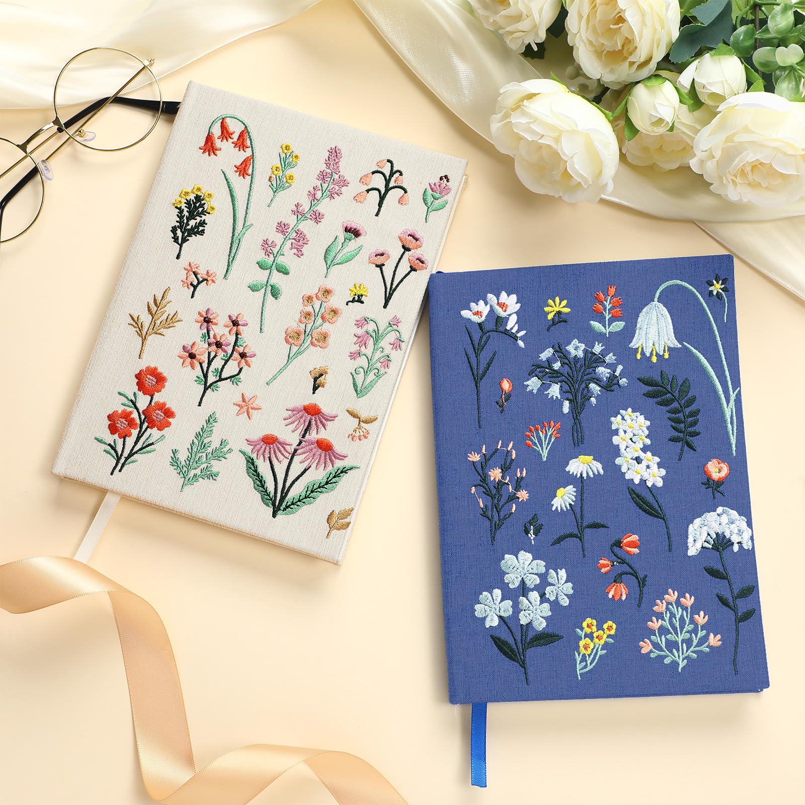 Thenshop 2 cuadernos bordados florales para diario, cuaderno de bocetos, tapa dura, cubierta de tela, 200 páginas para mujeres, escuela, oficina, viajes, suministros de diario de 8 x 5.75 pulgadas