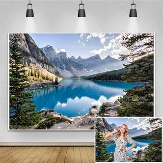 Renaiss 7x5ft Fabric Mountain Lake Backdrop Banff National Park Moraine Lake Background Canadian Rockies Mountain Pine Trees Forest Nature Camping Backdrop Wallpaper Portraits Shoot Photo Props