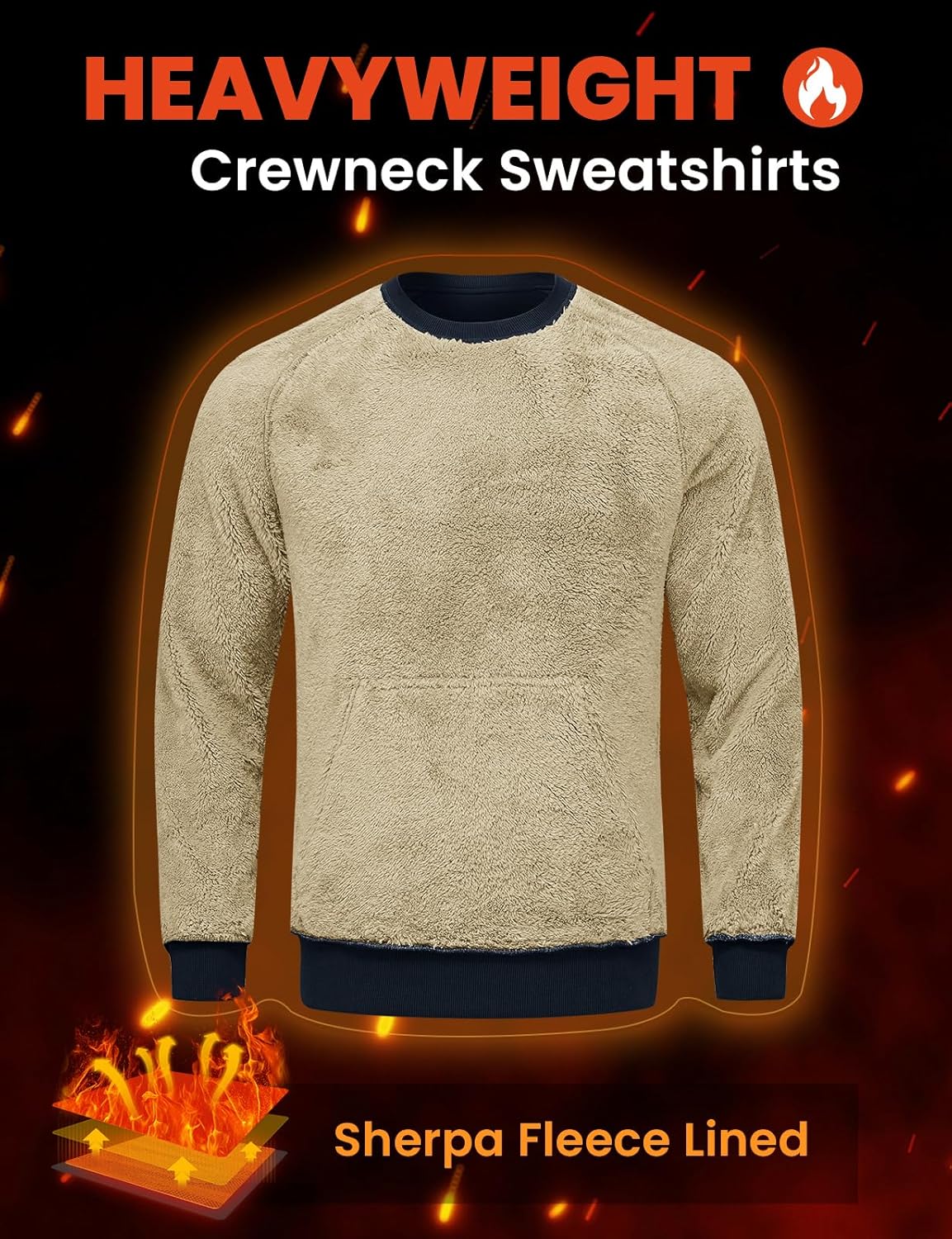 Rdruko Men's Sherpa Lined Sweatshirts Heavyweight Winter Fleece Pullover Crewneck Sweatshirts With Zip Kangaroo Pocket - Image 3