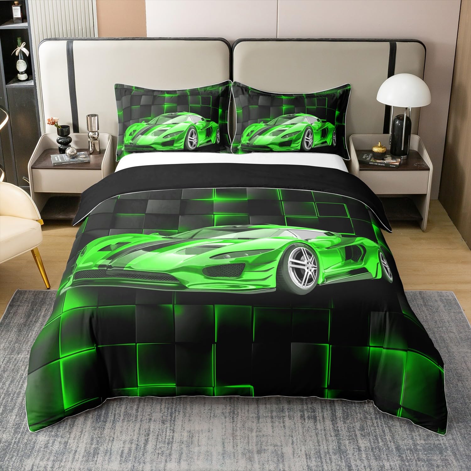 Homemissing Green Race Car Duvet Cover Set 100% Cotton Super King Speed Sports Car Bedding Set Boys Geometric Honeycomb Comforter Cover Set Extreme Sports Automobile Bedspread Cover No Comforter