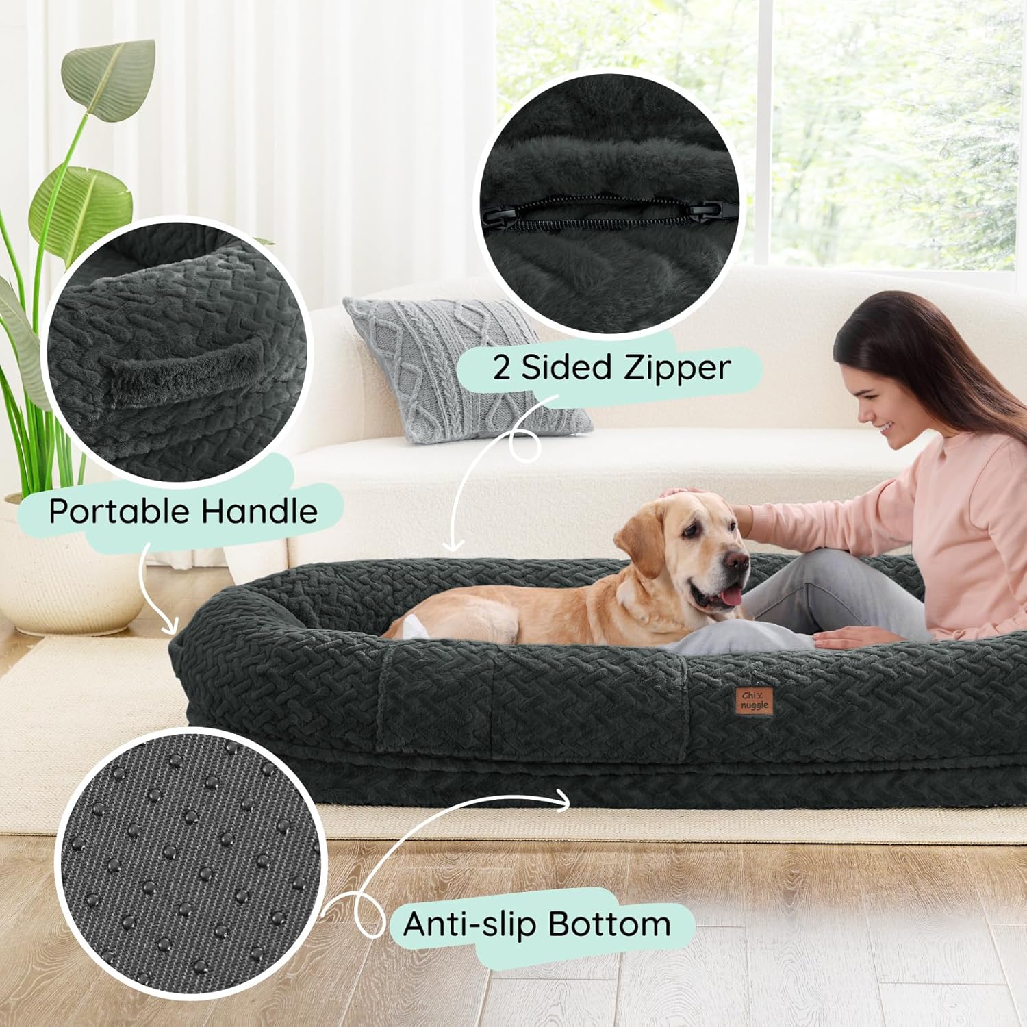 ChiXnuggle Human Dog Bed Cover - Luxury Faux Fur Giant Size Dog Bed Cover, 72"x40"x10", Dark Grey