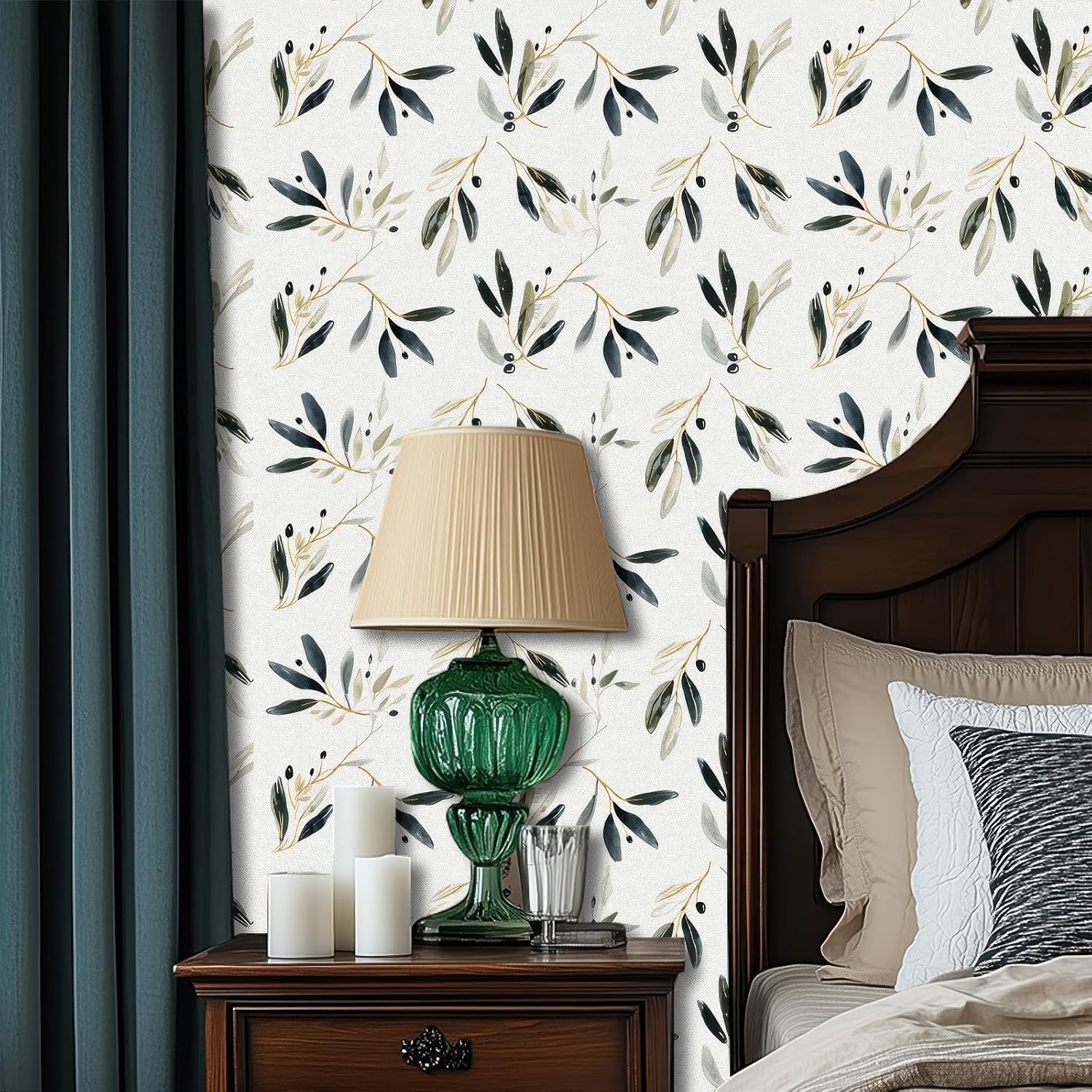HOMETITUTE Olive Leaf Wallpaper Peel and Stick Botanical Contact Paper Wall Paper Stick 17.7" x 118.1" Self Adhesive Vinyl Wall Covering for Kitchen Pantry Dining Room Decor