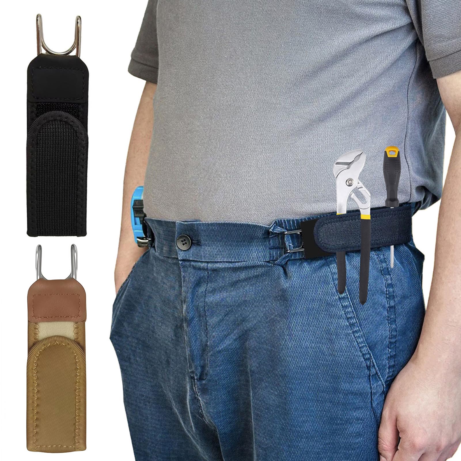 Bluethy Men's Black Brown Buckless Belt For No Buckle Belts Adjustable Metal Hook Elastic Belt, Invisible Stretch Work Belts For And Wo Jeans, Business, Home, Travel, Commuting, Outdoor Hiking (, 2Pcs)