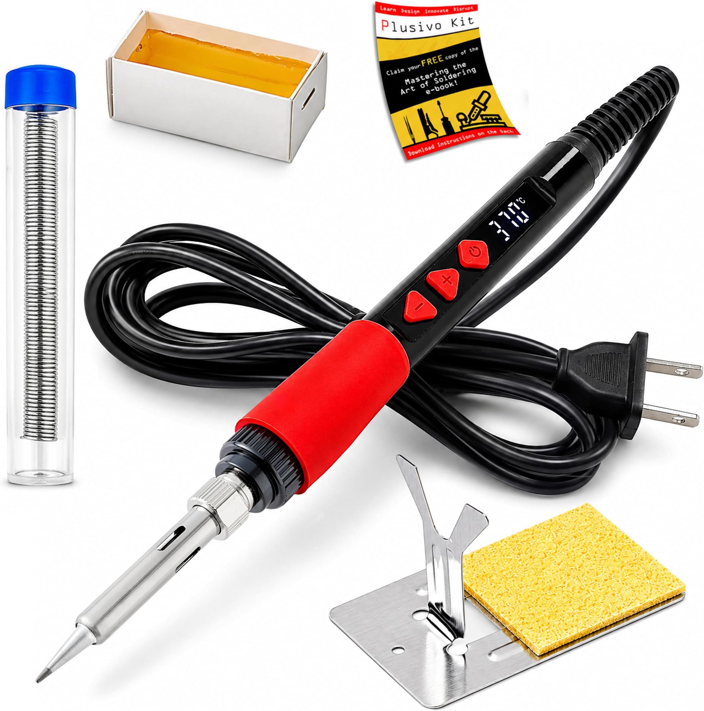 Soldering Iron Kit, 60W Digital LED Display Solder Pen, 5-in-1 Fast Heating with Solder Wire, Flux Rosin Paste, Mini Stand, Sponge for Electronics Repair Hobby DIY 120V US Plug from Plusivo