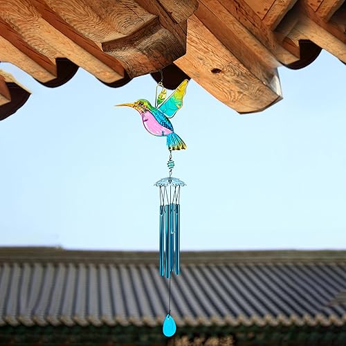Miniatura 6 de Campana de viento de colibrí azul de 35 pulgadas, para interiores y exteriores, pintada de vidrio para patio, balcón, jardín, patio o decoración de