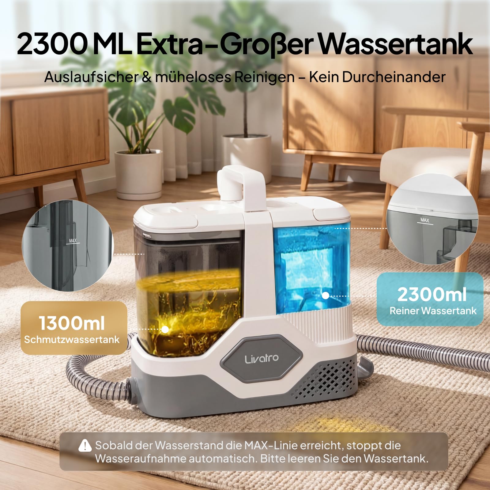 Livatro Polsterreiniger Gerät [600W Profi-Motor] Tragbarer Teppichreiniger Waschsauger 16KPa, Abnehmbarer 2,3L Tanks, Selbstreinigung, Nasssauger für Auto, Sofa, Matratze & Haustier - Schnelltrocknung