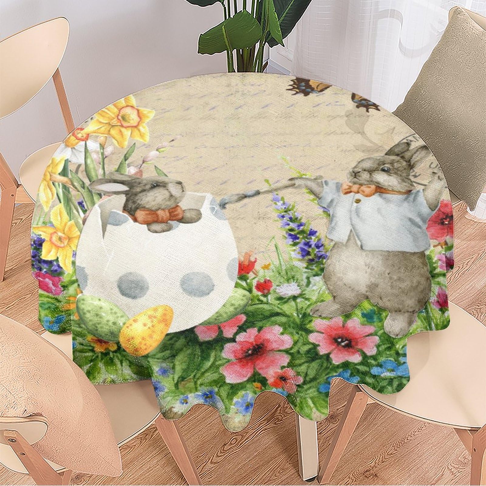 COALHO Abstract Easter Bunny Home Decor Round Polyester Tablecloth Watercolor Retro Bunny Eggs Butterfly&Flowers for Banquet Table Birthday Party Buffet Wedding-92x92CM