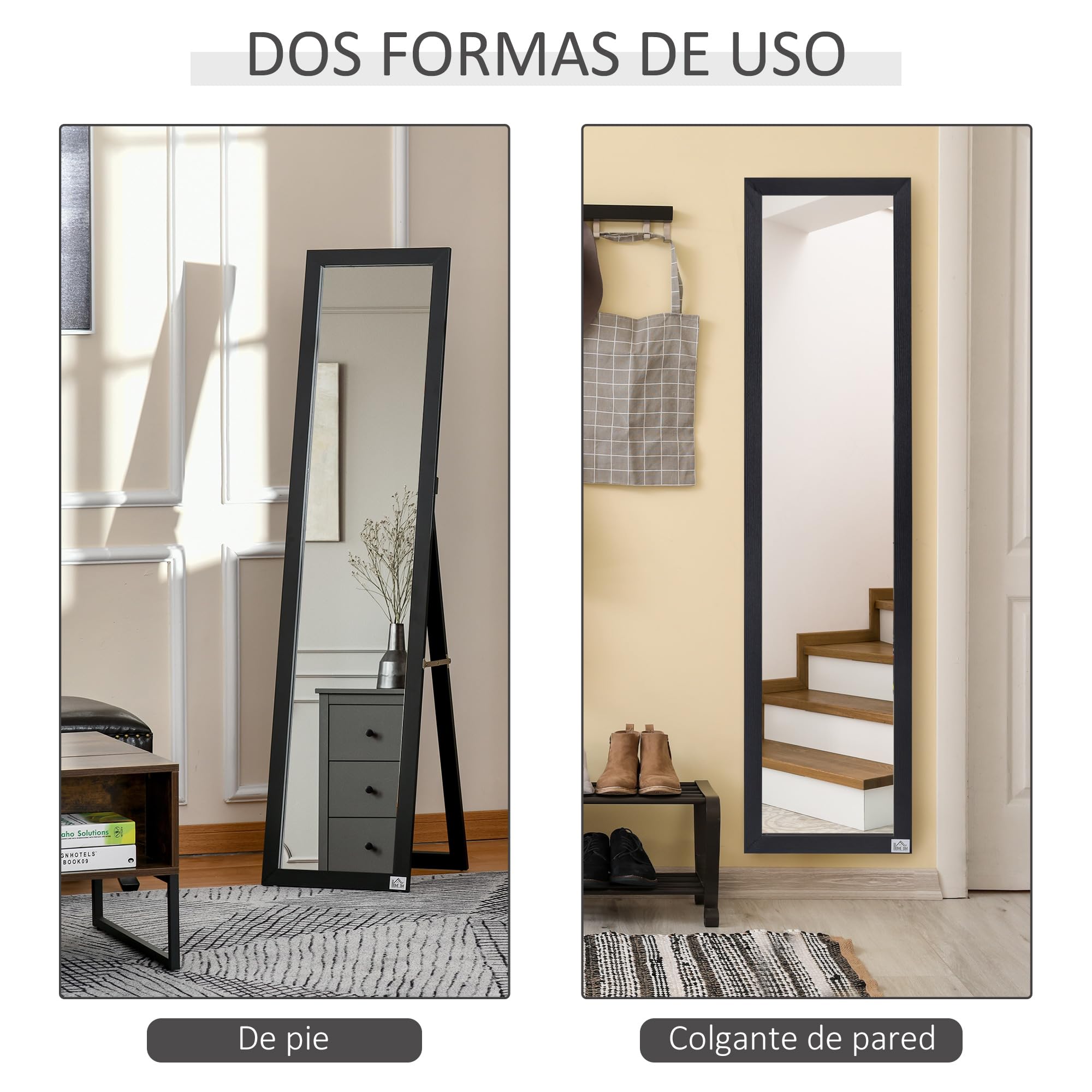 HOMCOM Espejo de Pie Cuerpo Entero Espejo Pared Rectangular con 2 Formas de Uso Moderno para Pasillo Dormitorio Sala de Estar 37x37x154 cm Negro