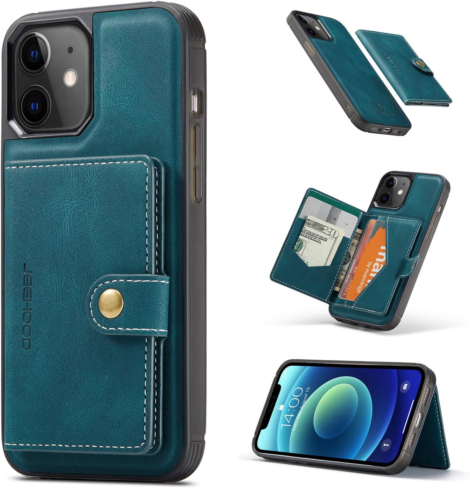 USLOGAN 2-in-1 Wallet Case for iPhone 12 & iPhone 12 Pro Case with Card Holder - Luxury Vegan Leather, Magnetic Detachable Shockproof Phone Case, Flip Stand and 4 Cards Slot (Lake Blue)