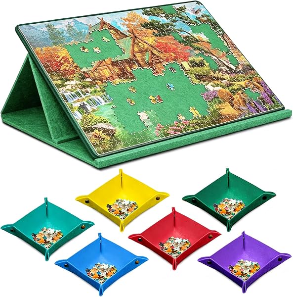 Deska do puzzli, 1000 elementów, z konstrukcją stojącą 2 w 1, przenośna deska do puzzli z 6 kolorowymi przegródkami do sortowania, przechowywanie puzzli, akcesoria do jigsaw z antypoślizgową, filcową