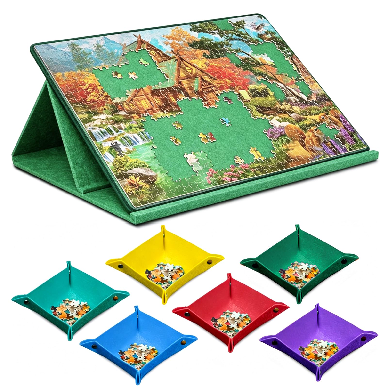 Tavola per puzzle da 1000 pezzi, con design 2 in 1 con supporto e copertura, tavolo portatile con 6 scomparti colorati, accessori per puzzle con antiscivolo, vassoio in feltro, verde