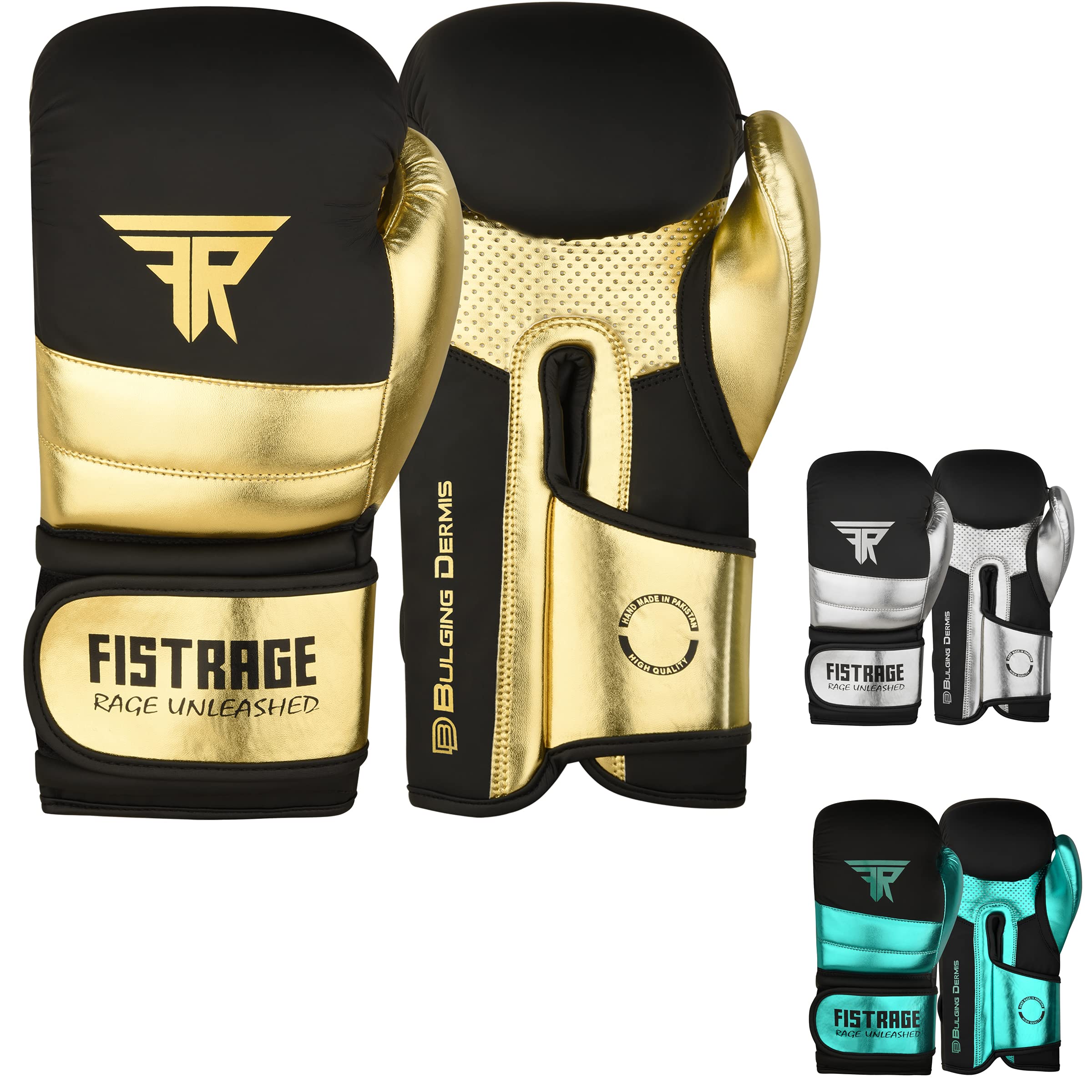 FISTRAGE Rękawice bokserskie, metaliczne, skórzane, MMA, trening muay thai, kickboxing, sparingi, ciężka torba, rękawice treningowe, rękawice dla mężczyzn i kobiet, złoto-czarne, 295 ml