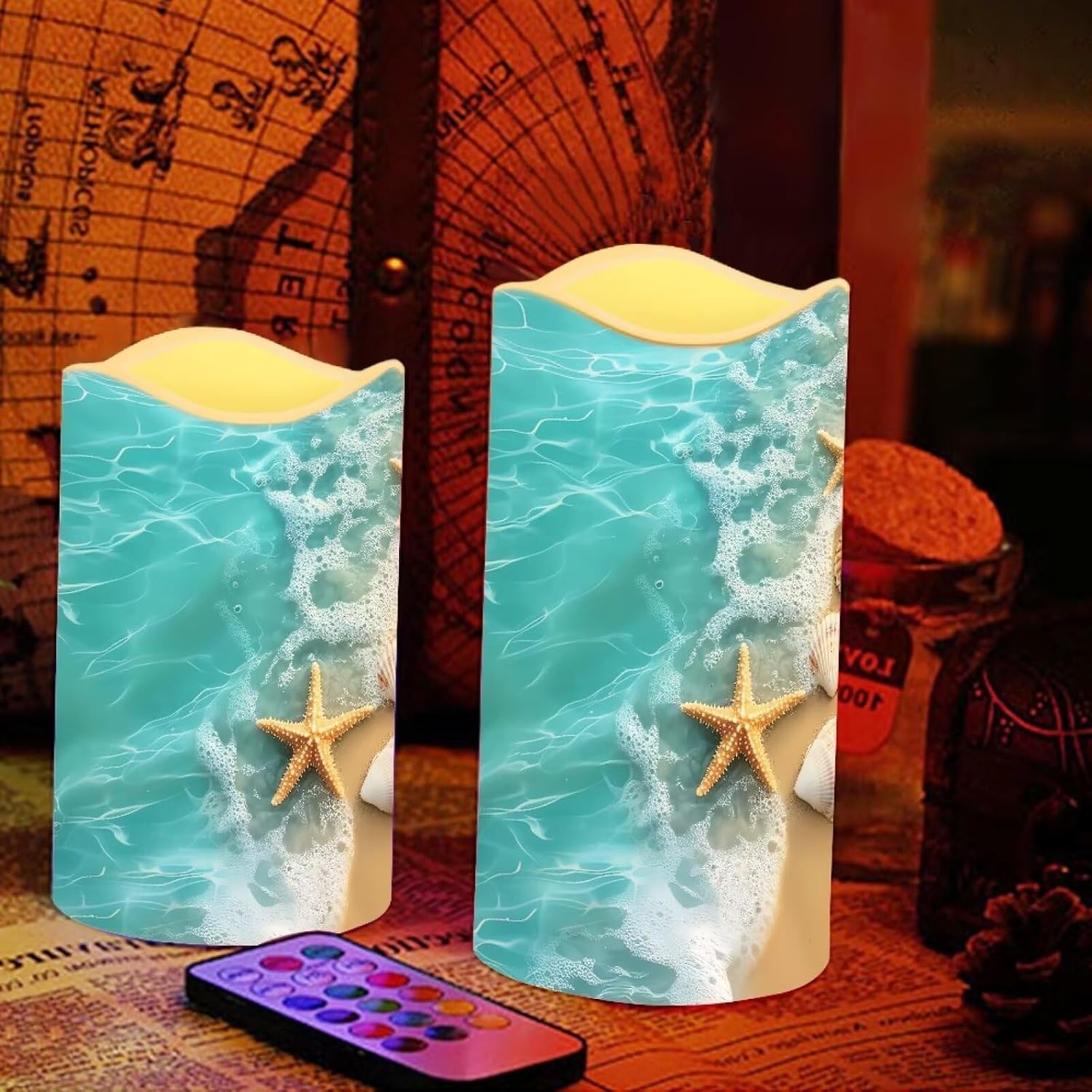 Cozeyat Beach Wave Flameless Candles Set of 4 Battery Powered LED with Remote Timer Flickering for Home Garden Table Beach Decoration