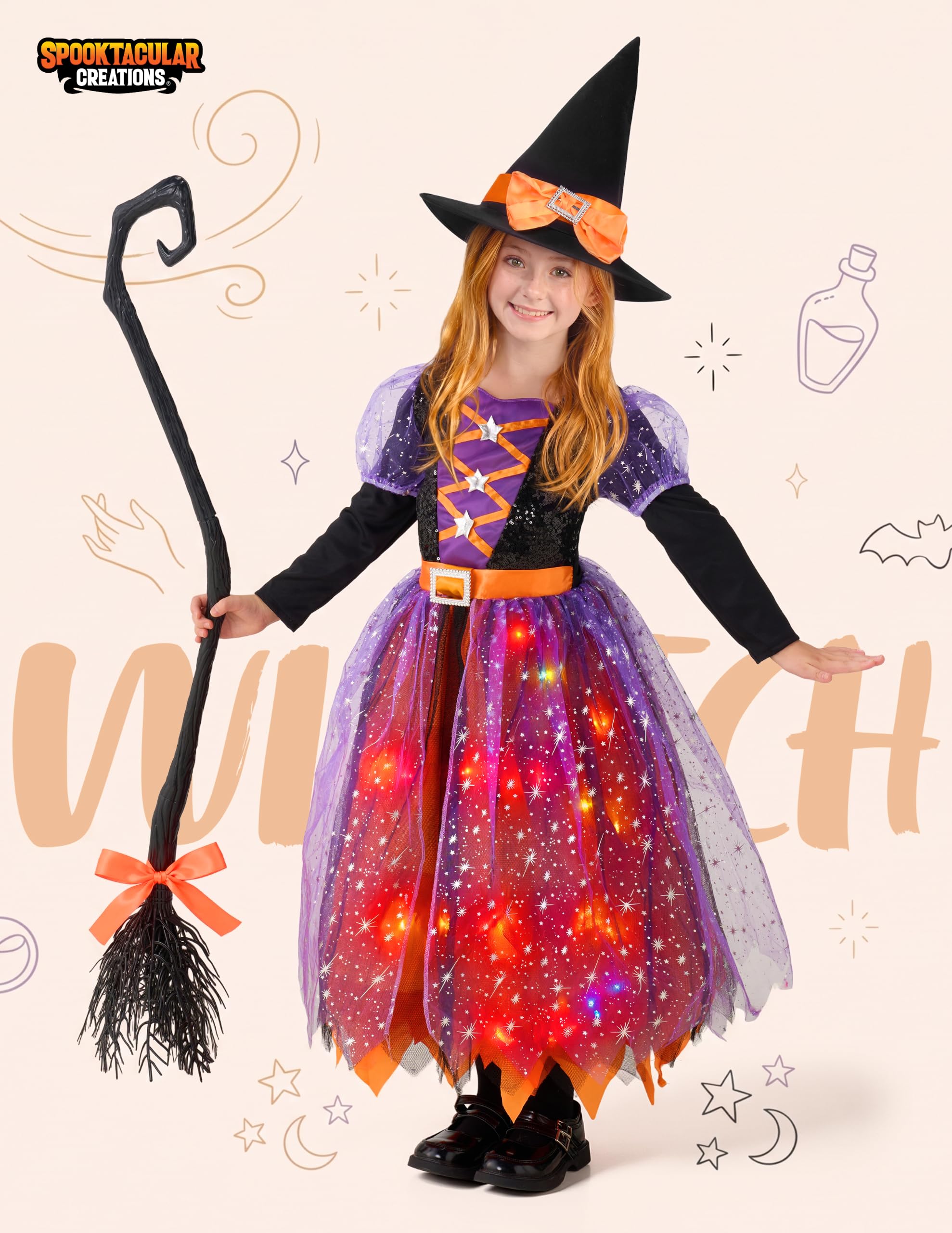 Spooktacular Creations Kostium czarownicy LED, podświetlany kostium czarownicy, pomarańczowy i fioletowy, z kapeluszem, uroczy kostium czarownicy, fantastyczne wzornictwo