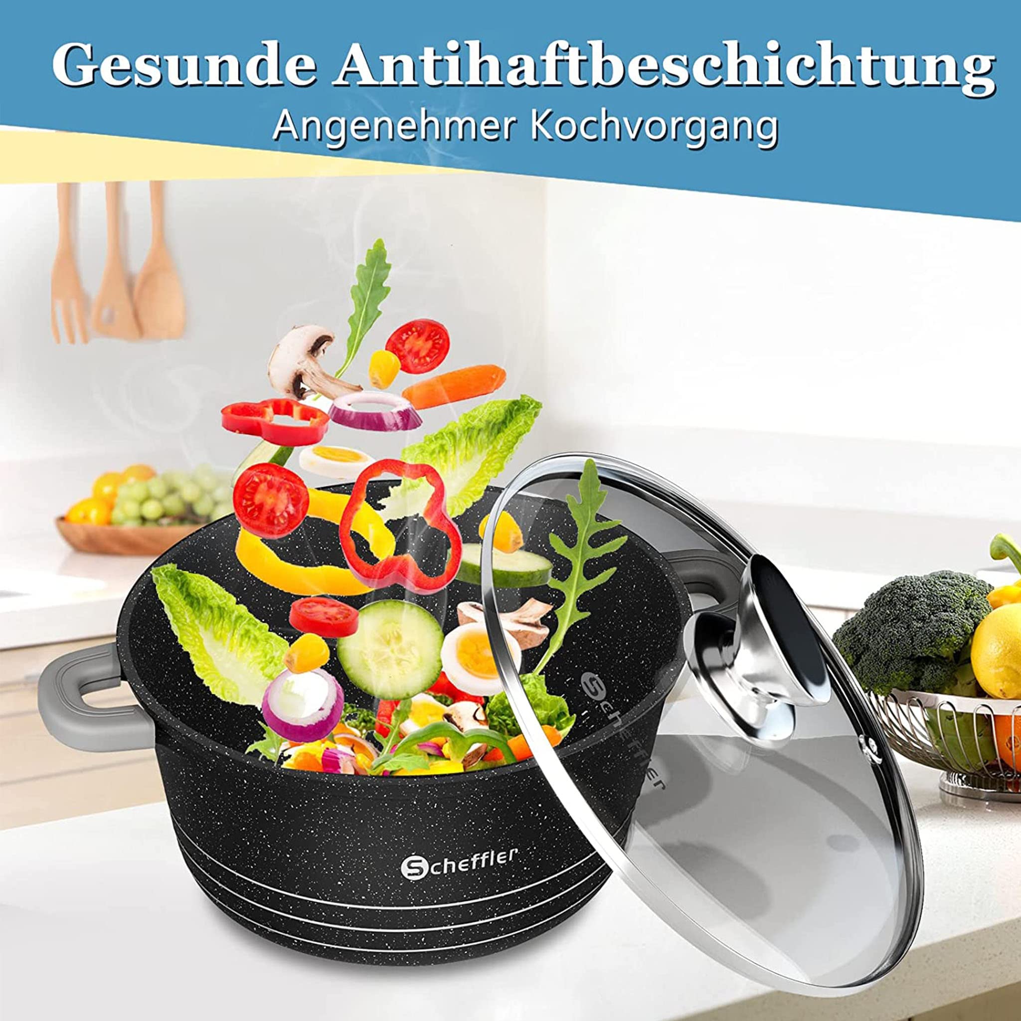 Topfset Scheffler 6tlg Kochtopf Set Induktions mit Glasdeckel | 20cm,2.2L&24cm,4L&28cm,6L Aluminiumguss, Antihaftbeschichtung, für alle Herdarten, Spülmaschinengeeignet