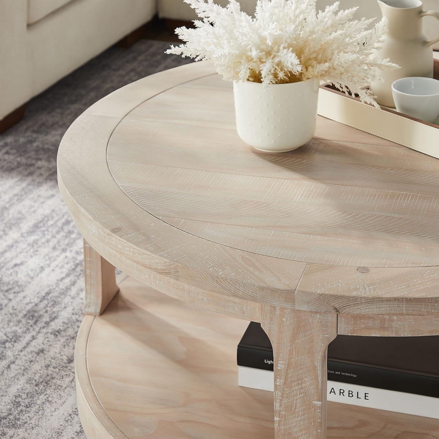 40'' Oak Round Coffee Table, Round End Table 2 Tier Wood Coffee Table,Circle Table for Living Room, Traditional Retro Farmhouse Style Rounded Wooden Tables for Office(ø40'' x 17.52'')