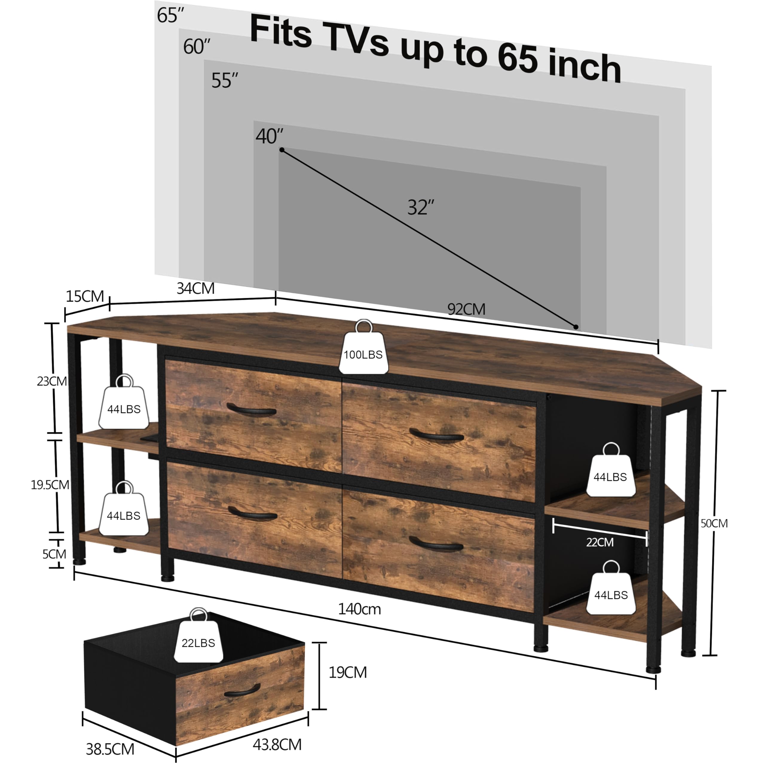 Mobile Angolare Per TV Con 4 Cassetti E Presa Di Corrente, Mobile Ad Angolo Con 4 Scomparti Aperti, Per TV Fino A 55 Pollici, Per Soggiorno, Marrone