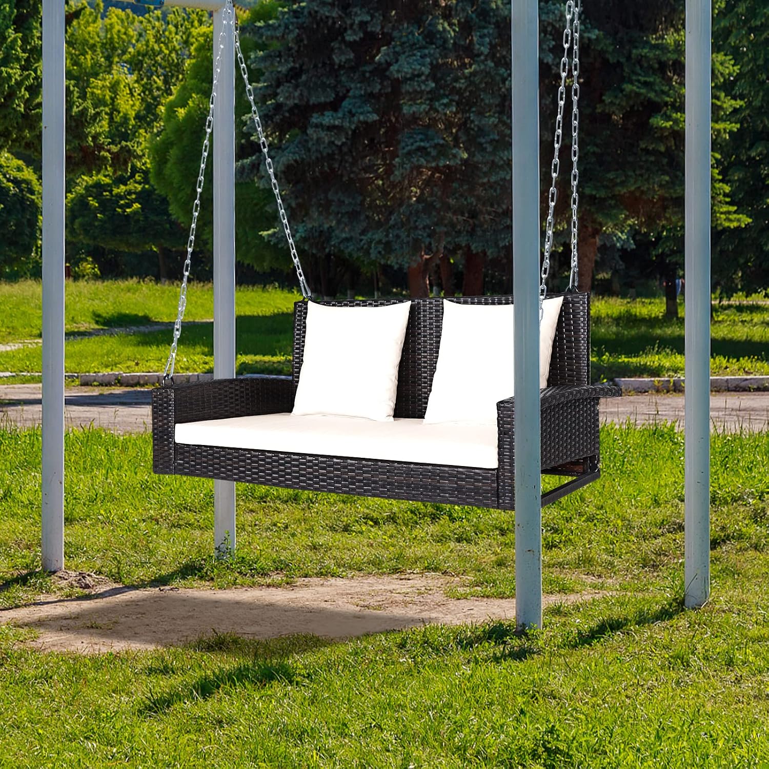 Happygrill Porch Swing Bench Outdoor 2-Person Patio Rattan Swing Chair with Soft Cushions, 7.9ft Reinforced Steel Chain, Solid Steel Frame, Perfect for Backyard, Poolside, Front Porch