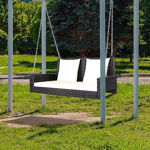 Miniatura 3 de Happygrill Banco de columpio para porche al aire libre para 2 personas con cojines suaves, cadena de acero reforzado de 7.9 pies, marco de acero