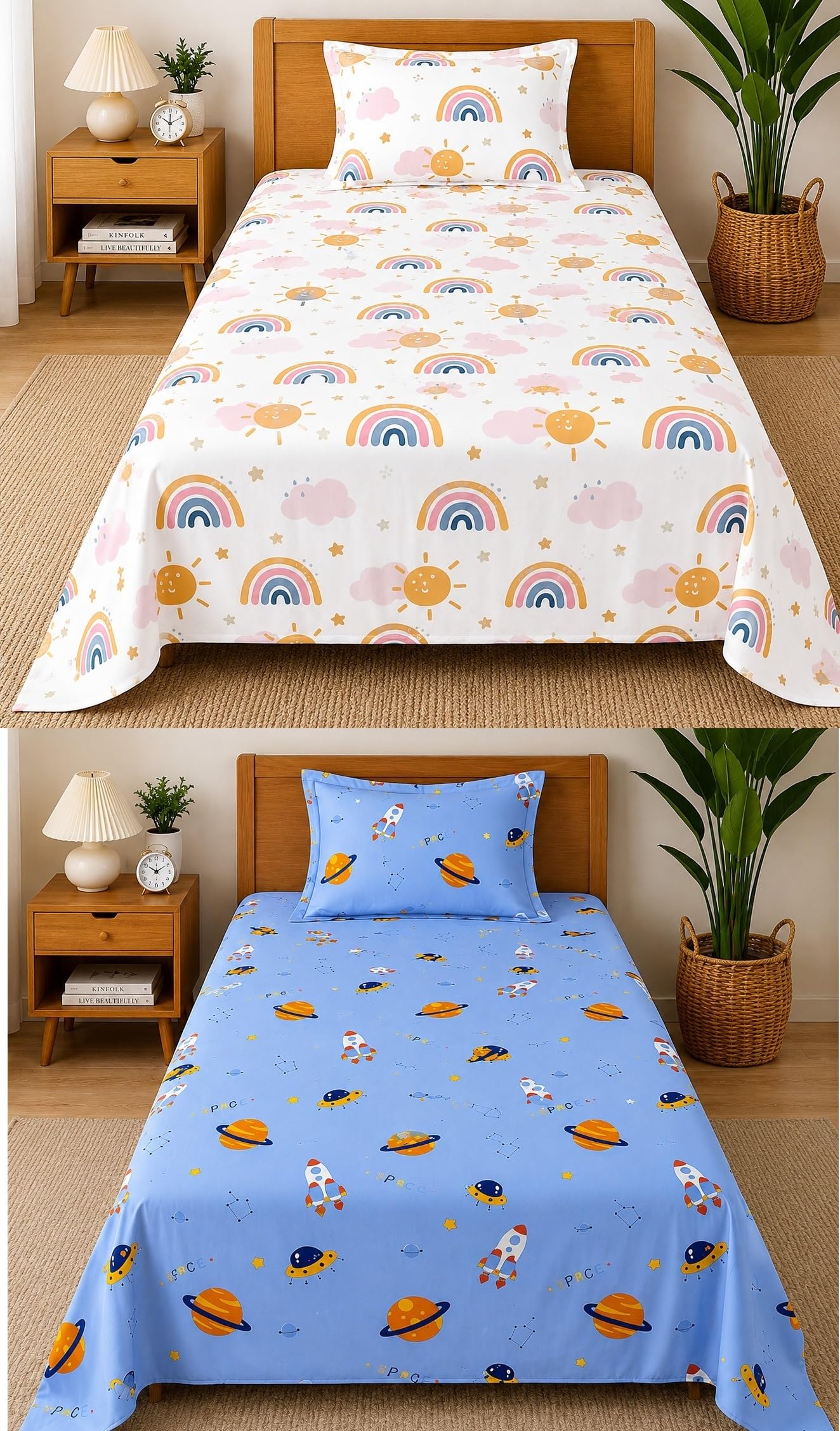 Super Soft Single Bedsheet for Kids Room Combo (Pack of 2) with 2 Pillow Covers|Thread Count-160|Long Lasting & Wrinkle Free-60 * 90 Inches (Beige:Yellow)-image-46