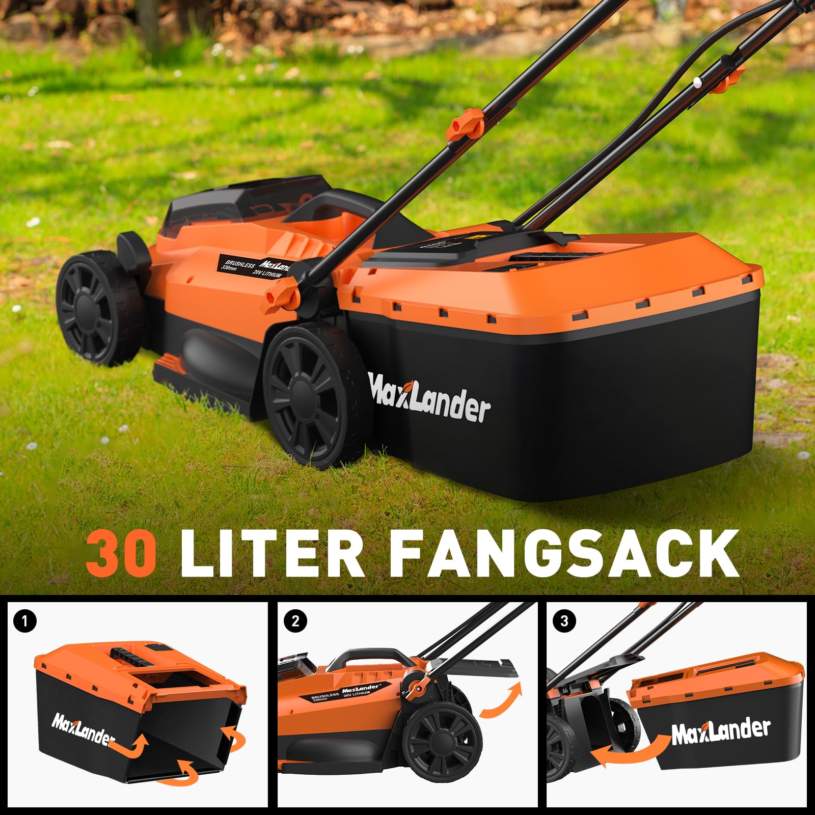 Maxlander 33 cm Akku Rasenmäher bis 400 m² mit Mulchfunktion | Rasenmäher Elektro Schiebemäher mit 30L Fangkorb ,Schnitthöhe 25–75 mm,4,0 Ah Akku und Ladegerät im Lieferumfang Enthalten