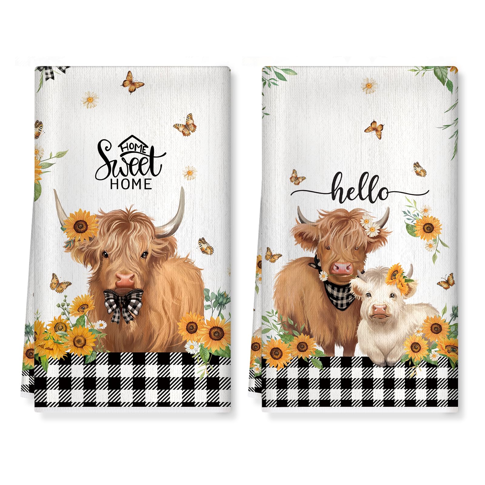 Arquiel Highland Cow Kitchen Towels Soft Thick Cotton Blend Farmhouse Hand Towels, 42 x 70 cm Absorbent Dish Cloth for Kitchen Home Decor, Housewarming, Birthday Gifts for Women, Set of 2