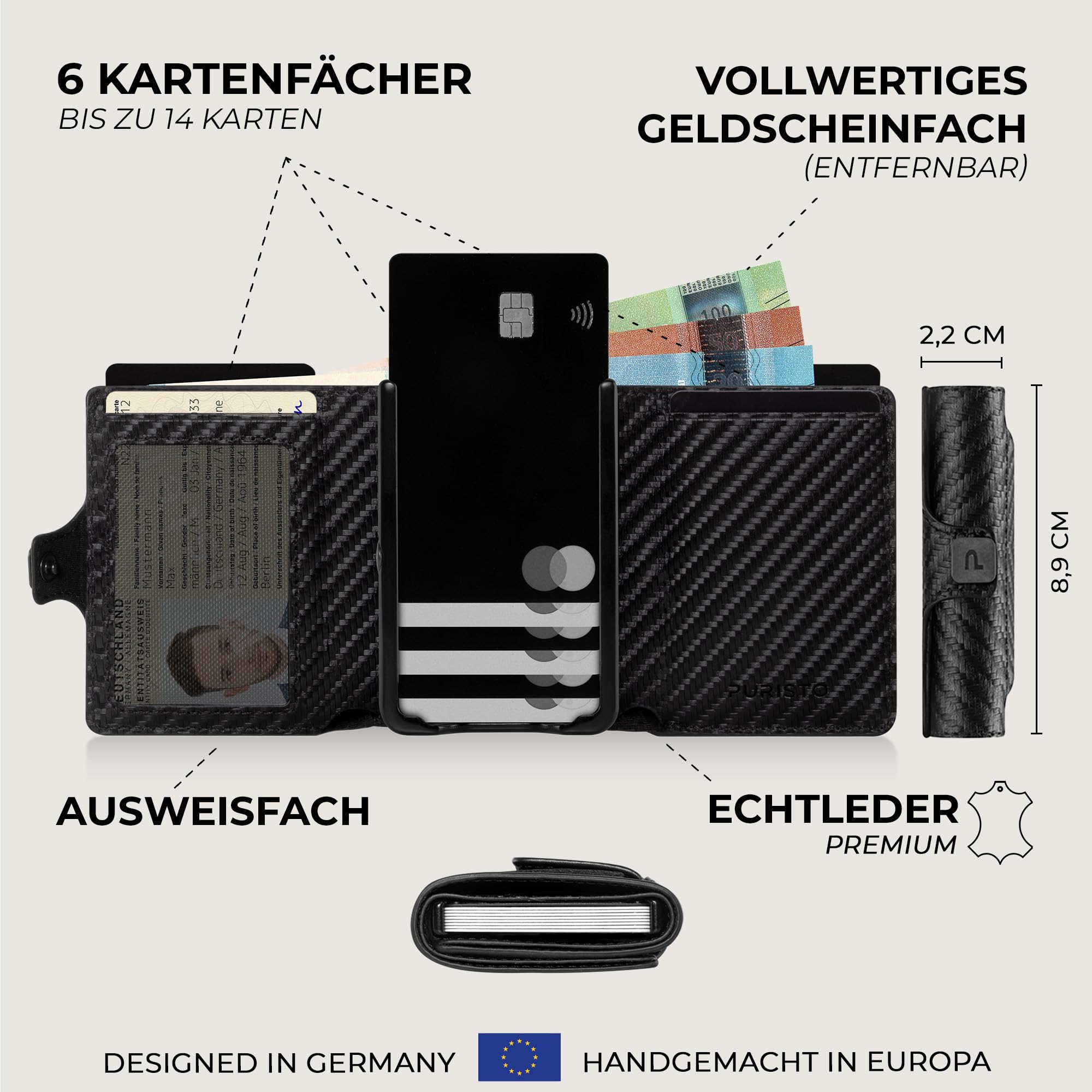 KLIK Classic Slim Wallet mit Münzfach - Mini-Geldbörse für Herren aus Echtleder - Kleines Kartenetui mit RFID-Schutz für 10-14 Karten - Carbon