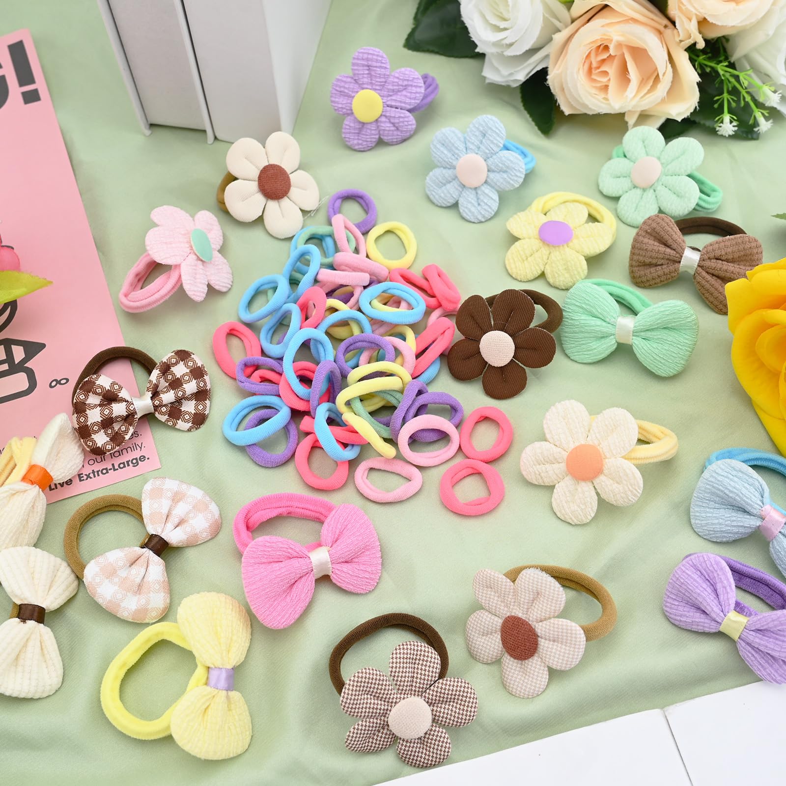 70 Pcs Hair Accessories for Girls Toddler Hair Bands Soft Elastic Baby Hair Bands & Non-Slip Clips with Bows Flowers Comfortable Girls Hair Accessories School Party (Candy Color Mix) - Image 4